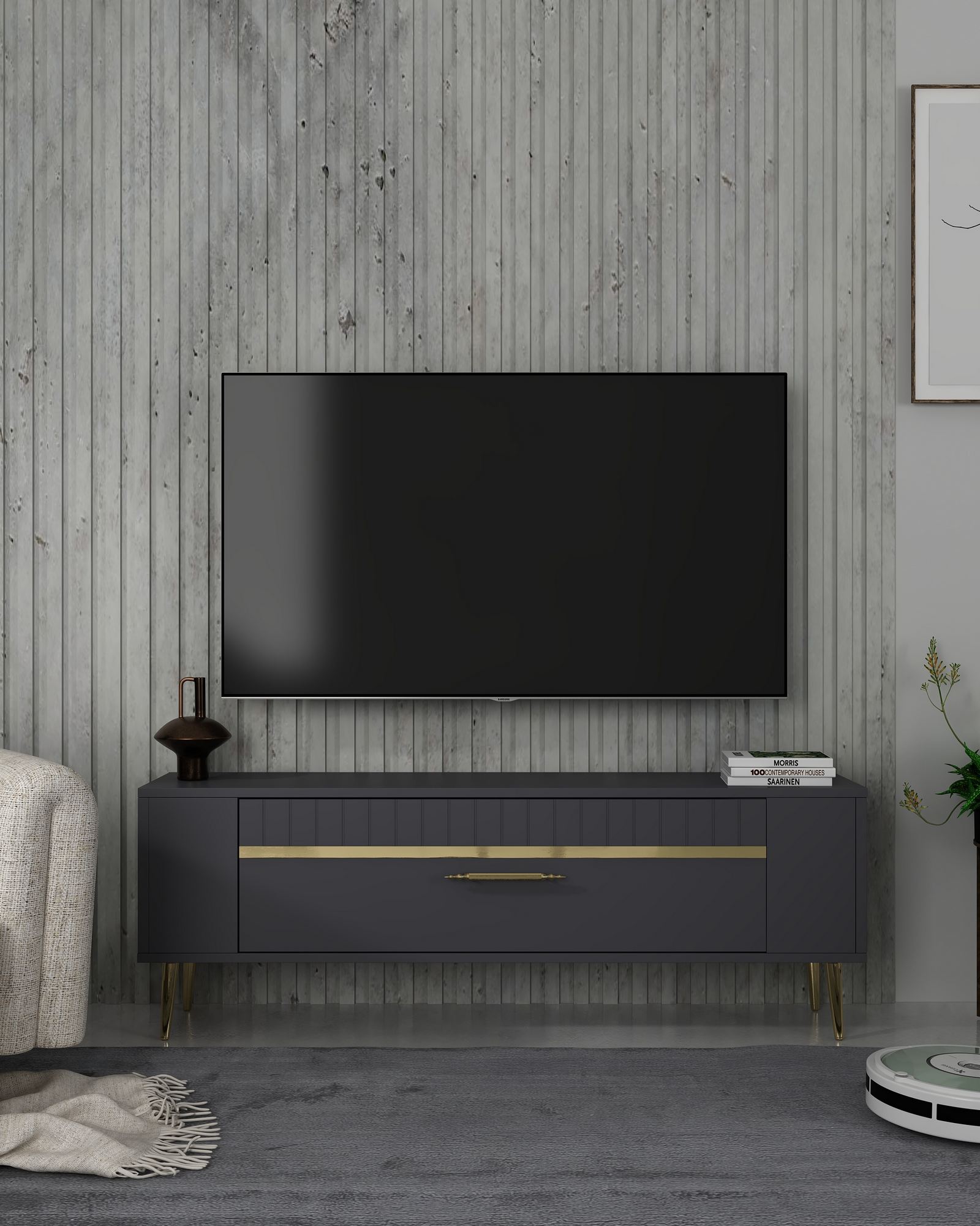 Móvel de TV – 120 cm x 48,2 cm x 26,4 cm – Antracite e Dourado – Melamina