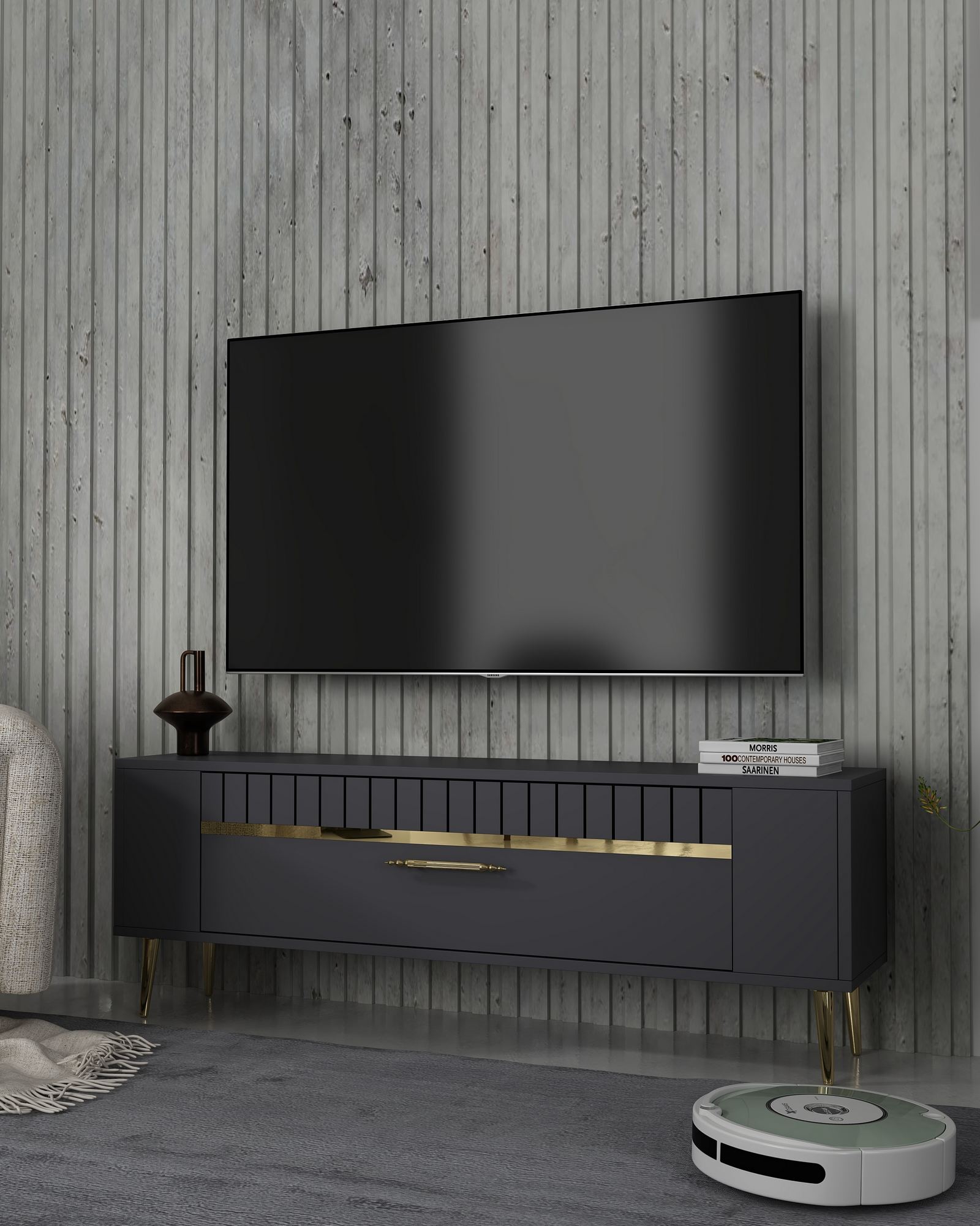 Móvel de TV – 120 cm x 48,2 cm x 26,4 cm – Antracite e Dourado – Melamina
