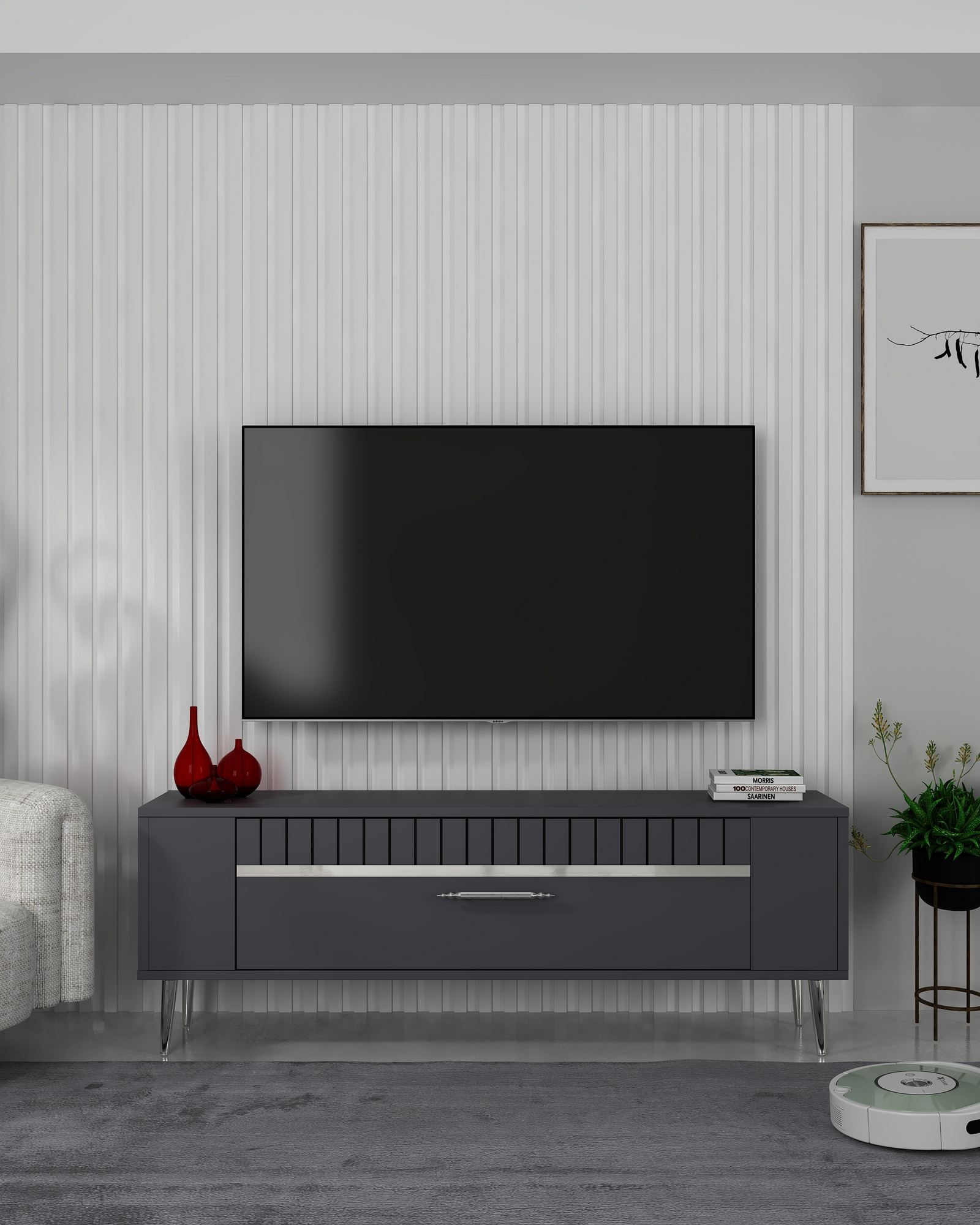 Móvel de TV – 120 cm x 48,2 cm x 26,4 cm – Antracite e Prata – Painel de partículas revestido a melamina