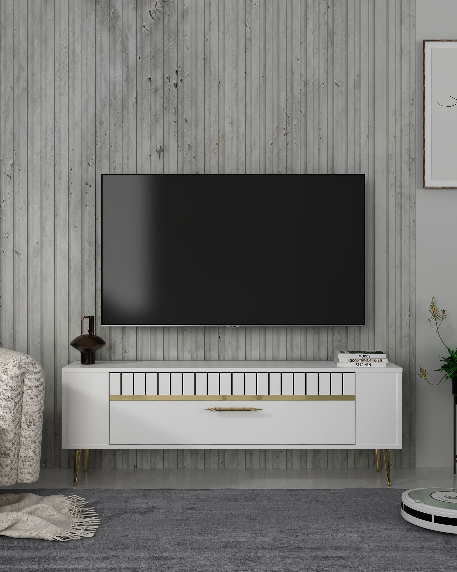 Móvel de TV – 120 cm x 48,2 cm x 26,4 cm – Branco e dourado – Painel de partículas revestido a melamina