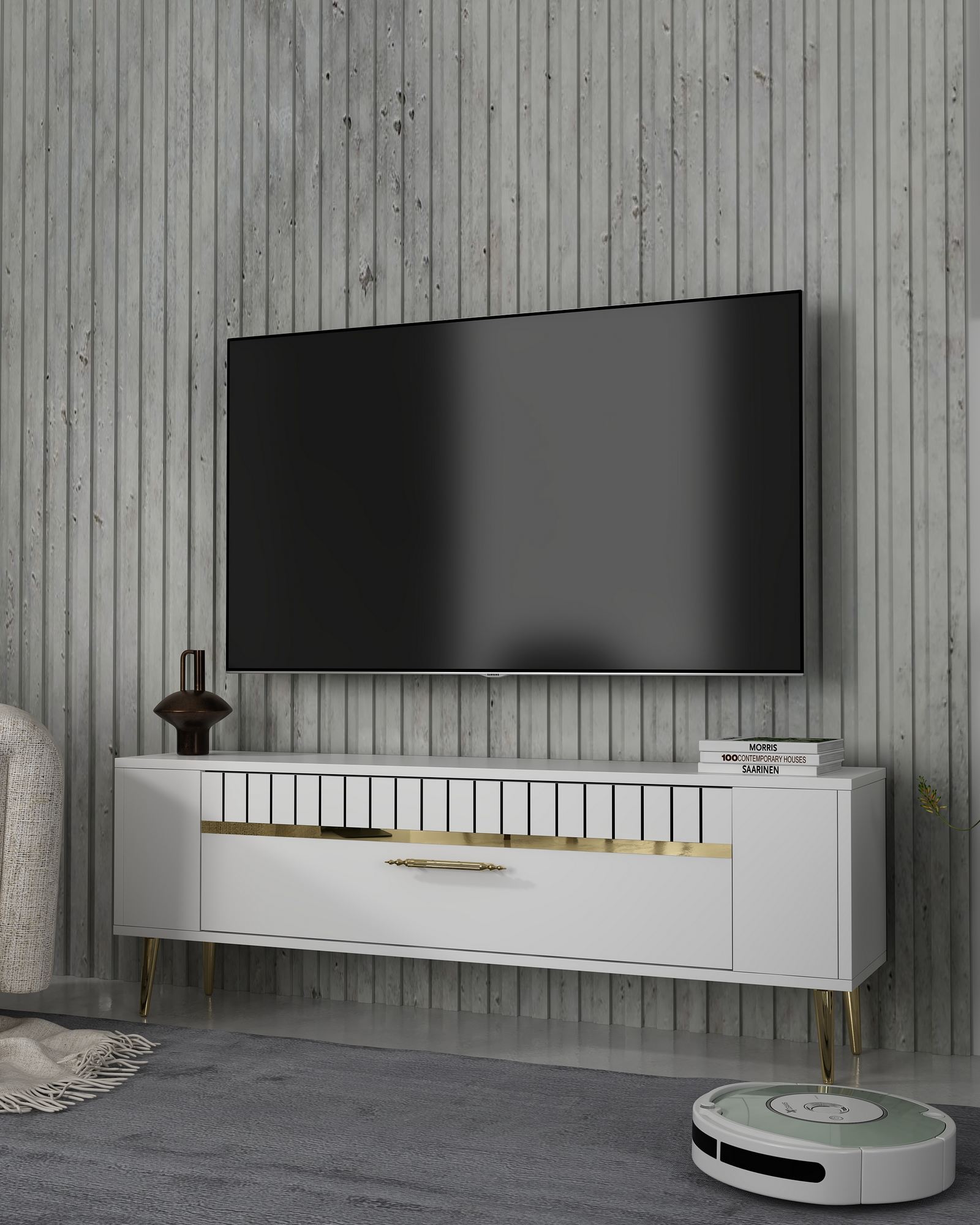 Móvel de TV – 120 cm x 48,2 cm x 26,4 cm – Branco e dourado – Painel de partículas revestido a melamina