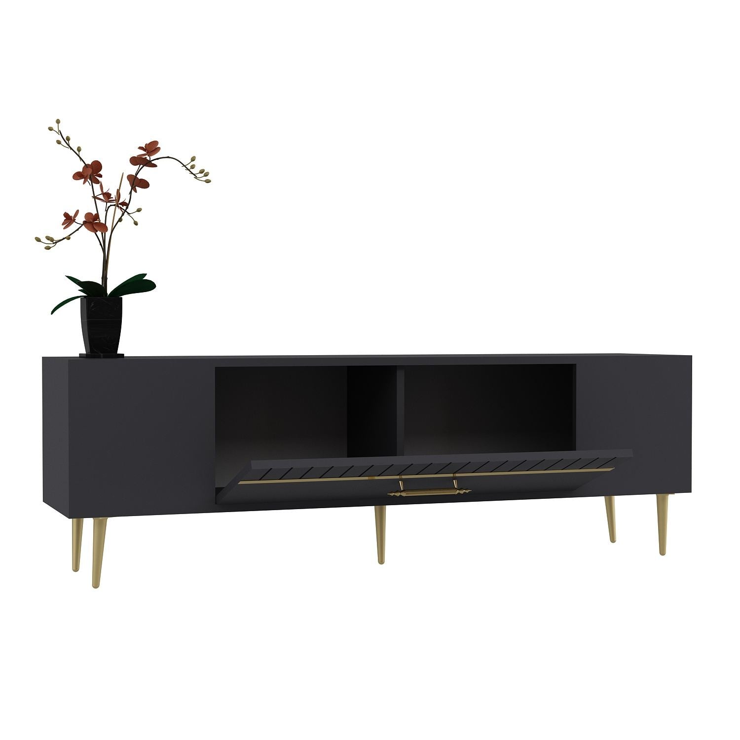 Móvel de TV – 150 cm x 48 cm – Antracite e Dourado – Painéis de Partículas revestidos a Melamina