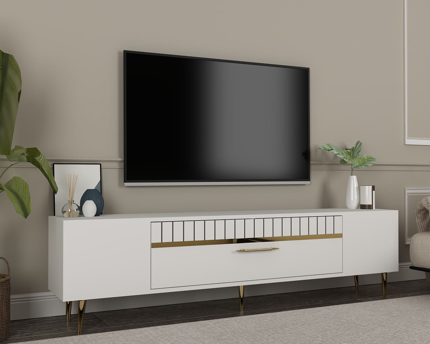 Móvel de TV – 150 cm x 48 cm x 29,6 cm – Branco e Dourado – Painel de partículas revestido a melamina
