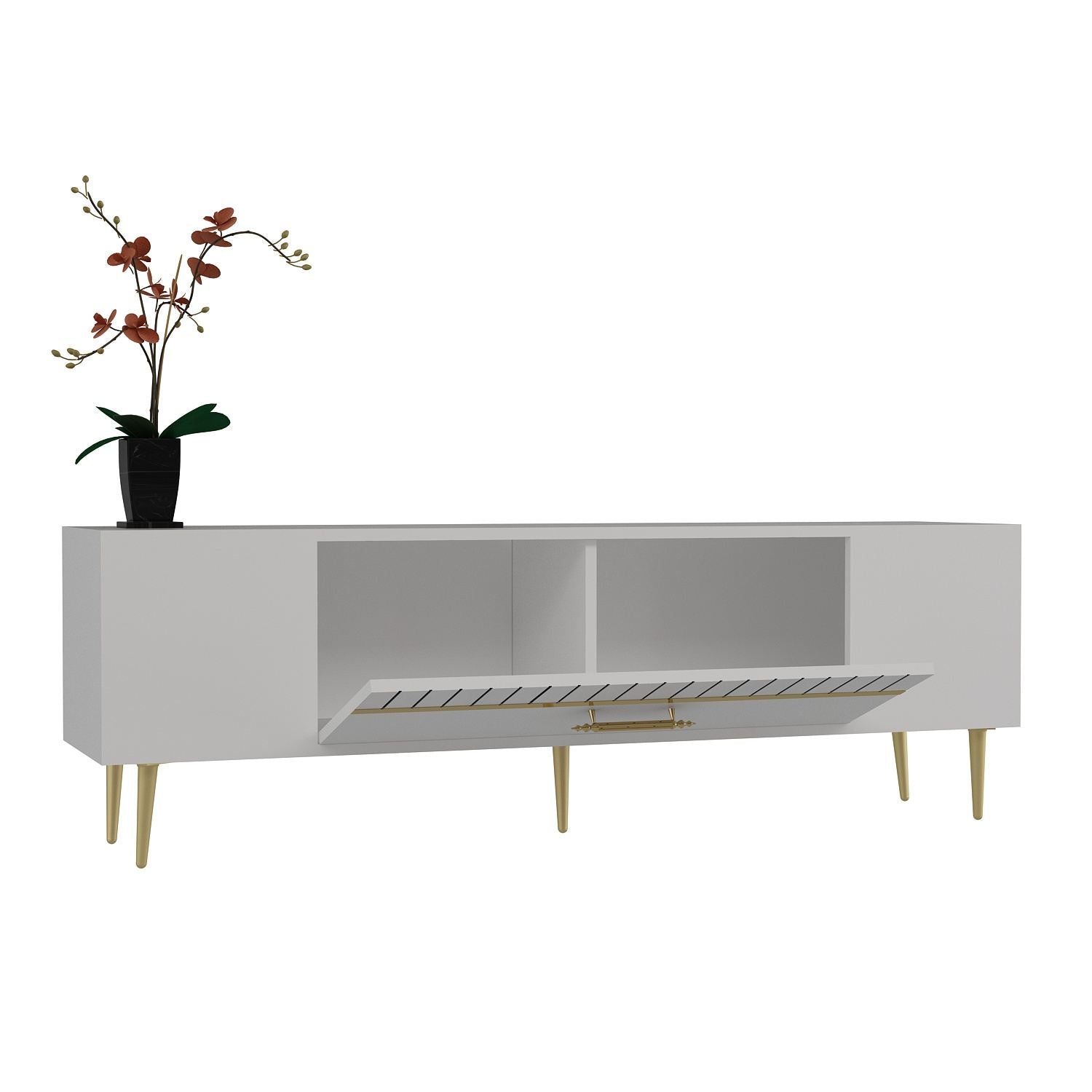 Móvel de TV – 150 cm x 48 cm x 29,6 cm – Branco e Dourado – Painel de partículas revestido a melamina