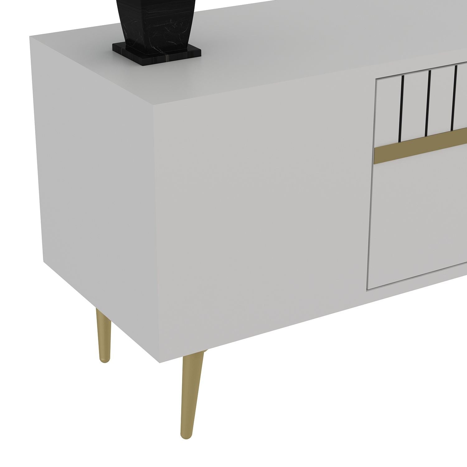 Móvel de TV – 150 cm x 48 cm x 29,6 cm – Branco e Dourado – Painel de partículas revestido a melamina