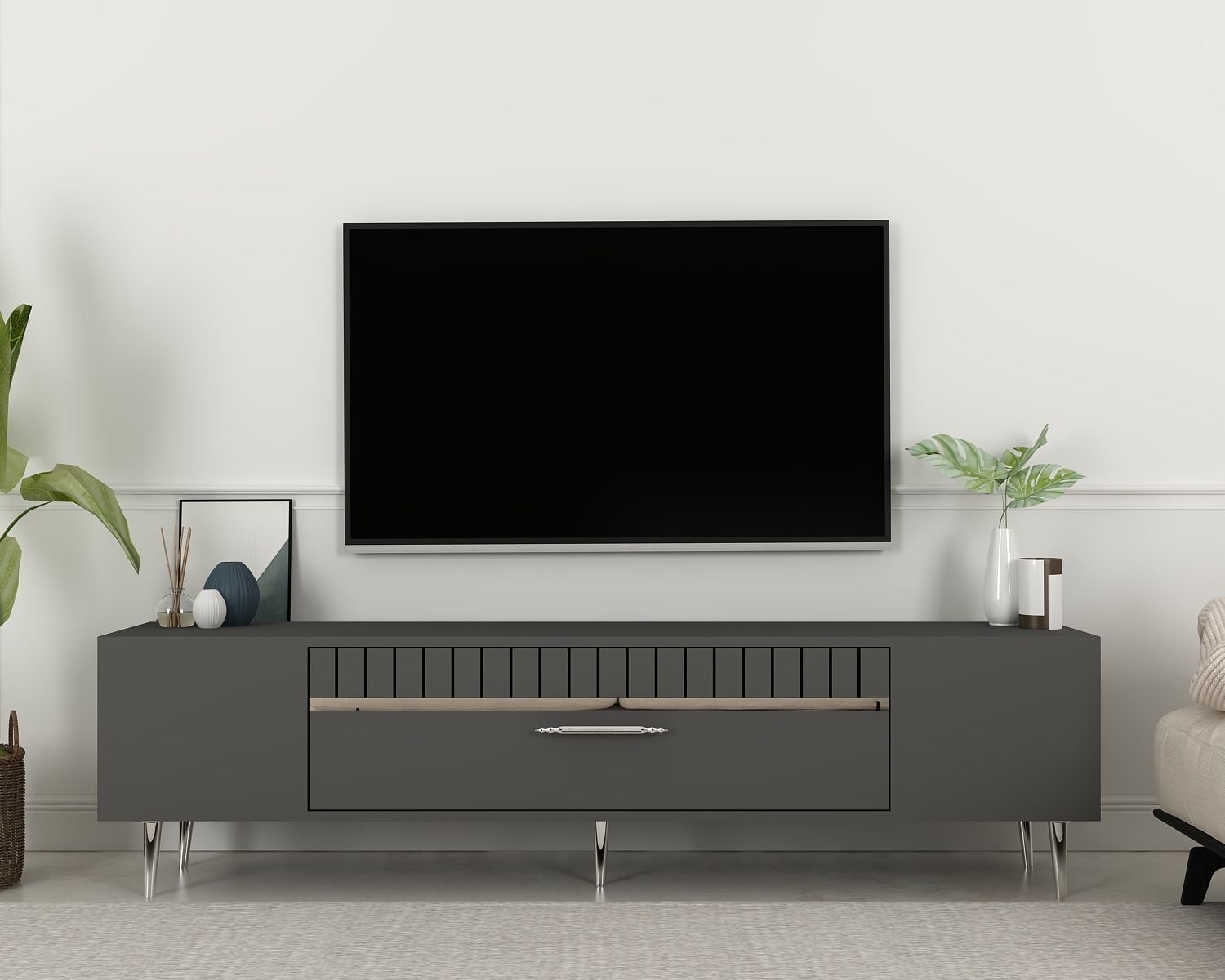 Móvel de TV – 150 cm x 48 cm x 29,6 cm – Antracite e Prata – Painel de Partículas