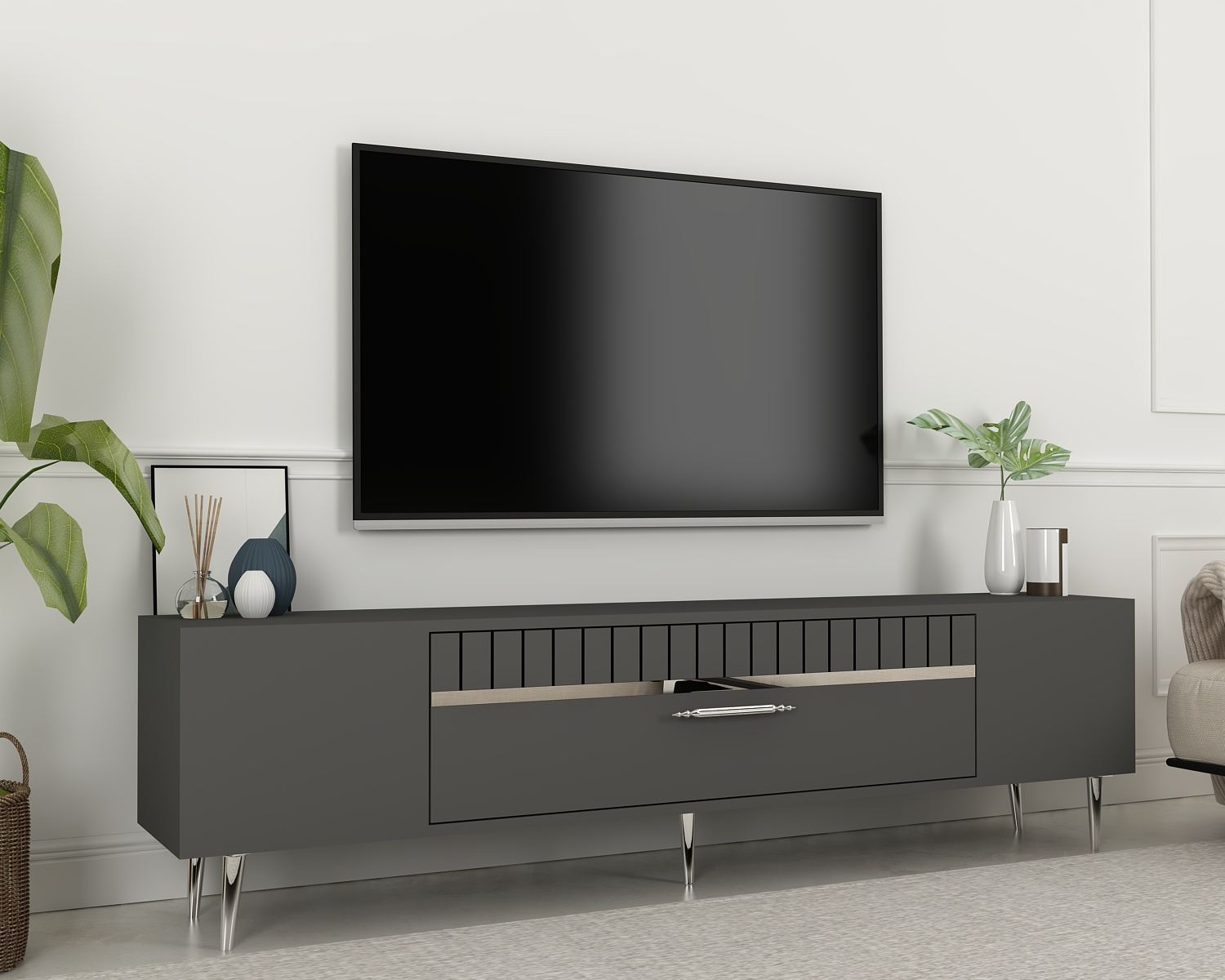 Móvel de TV – 150 cm x 48 cm x 29,6 cm – Antracite e Prata – Painel de Partículas