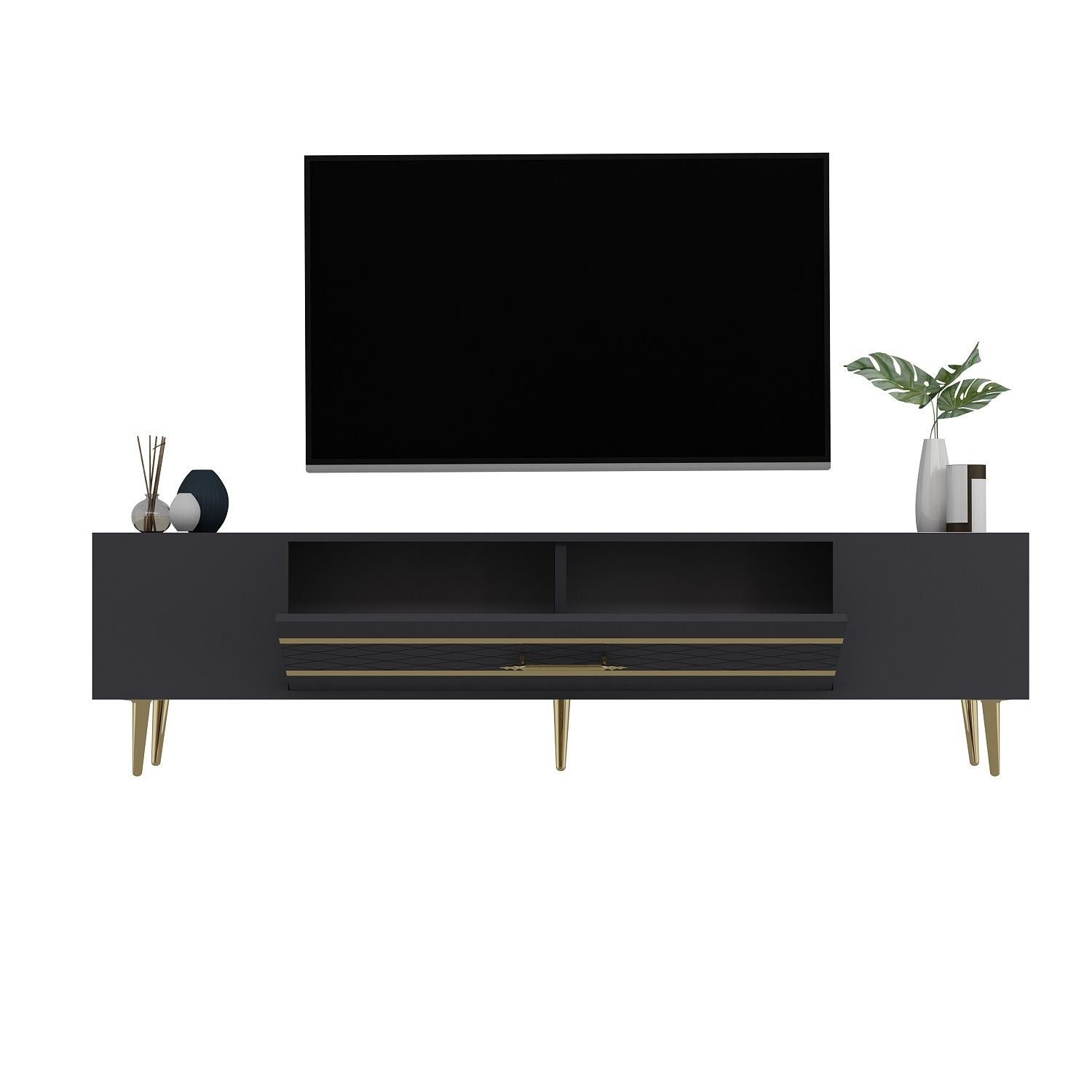 Móvel de TV – 150 cm x 48,2 cm x 35 cm – Antracite e Dourado – Painel de Partículas