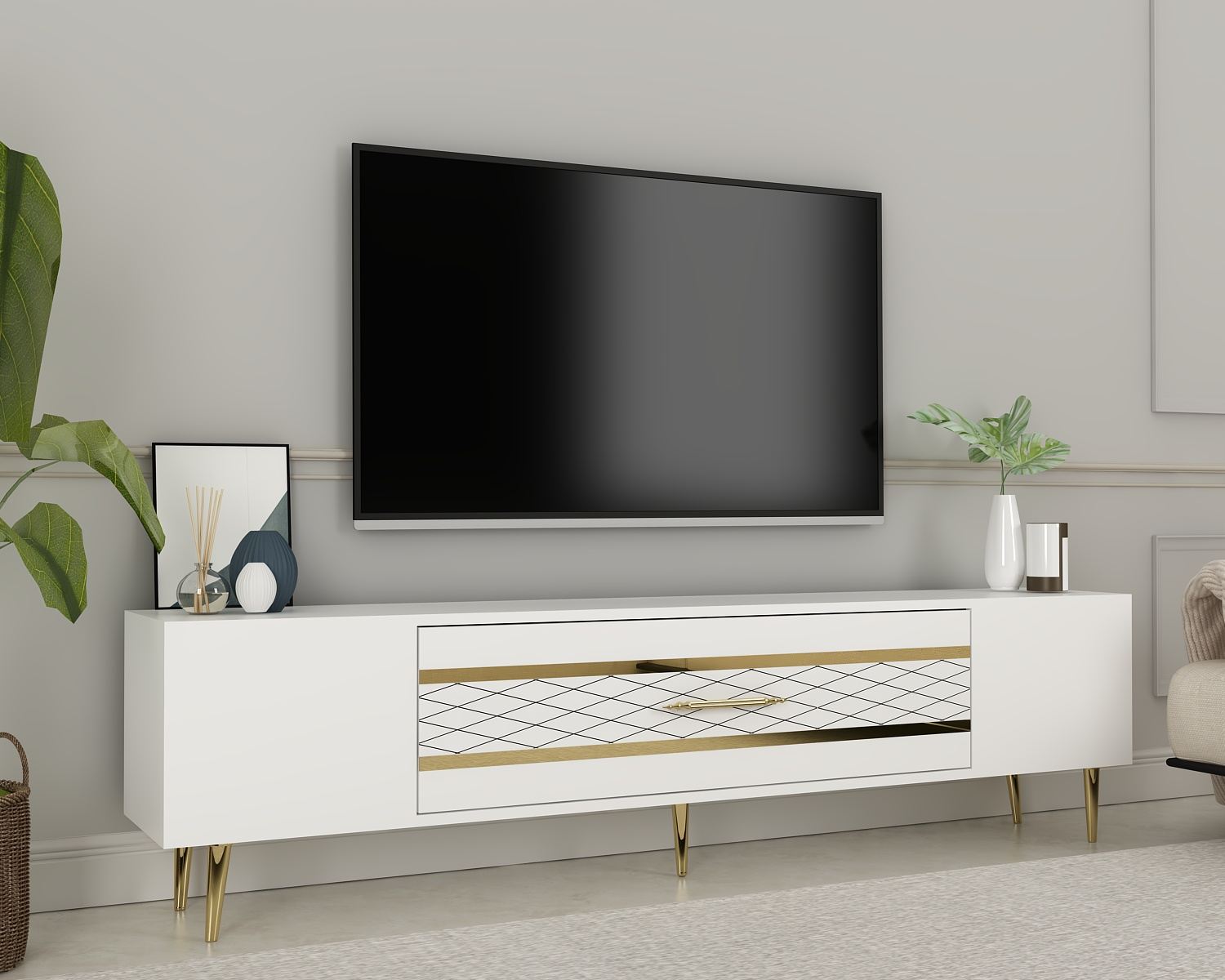 Móvel de TV – 150 cm x 48,2 cm x 35 cm – Branco e Dourado – Painel de Partículas