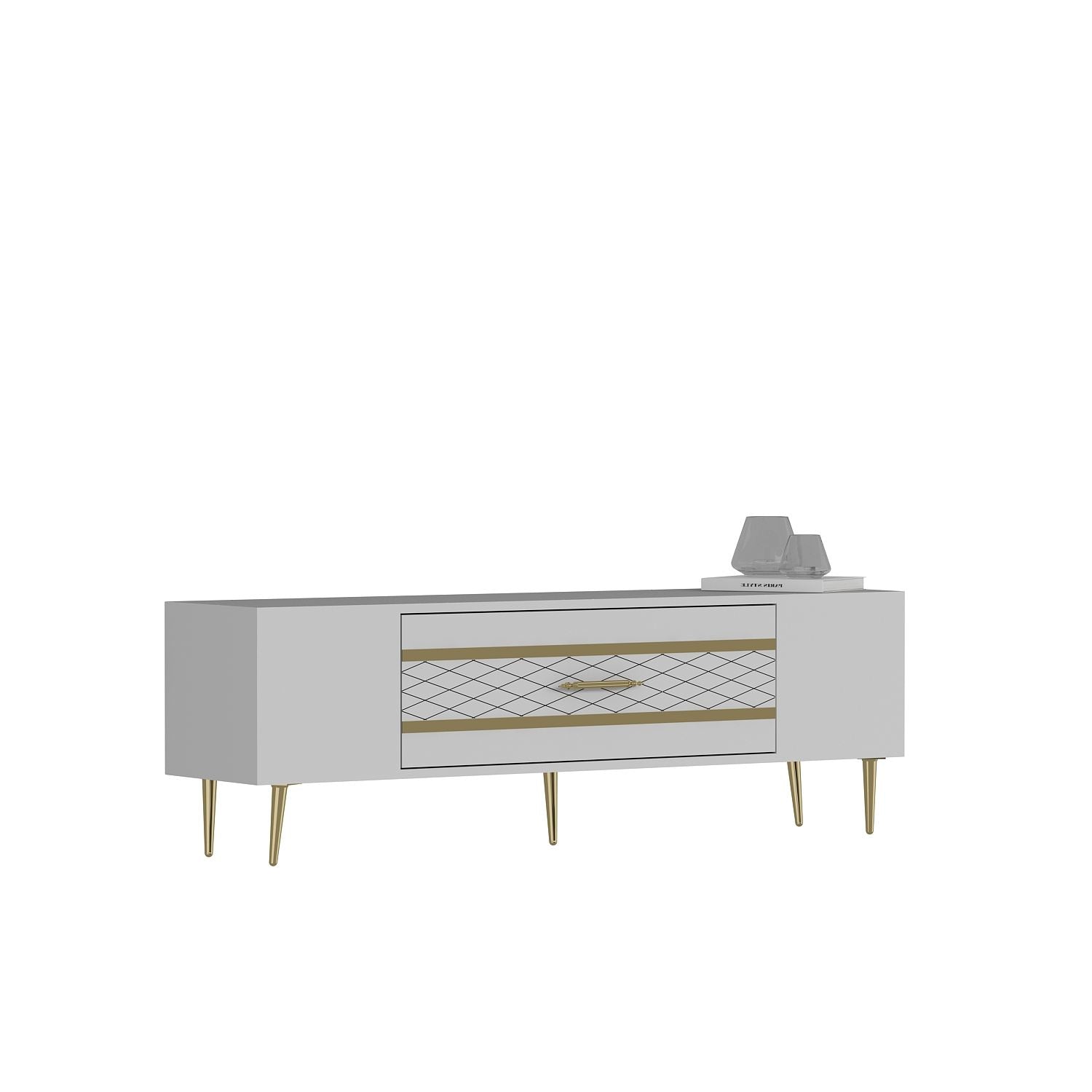 Móvel de TV – 150 cm x 48,2 cm x 35 cm – Branco e Dourado – Painel de Partículas