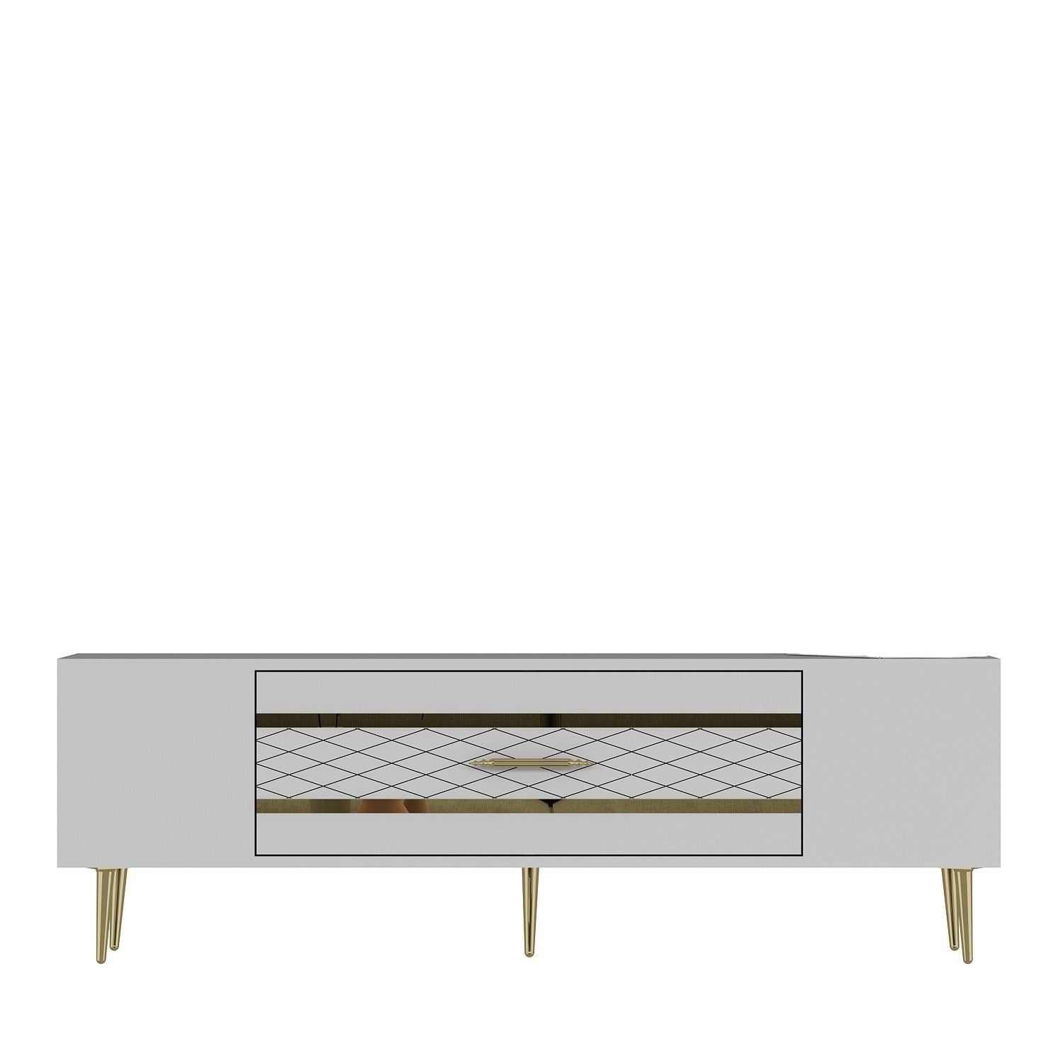Móvel de TV – 150 cm x 48,2 cm x 35 cm – Branco e Dourado – Painel de Partículas