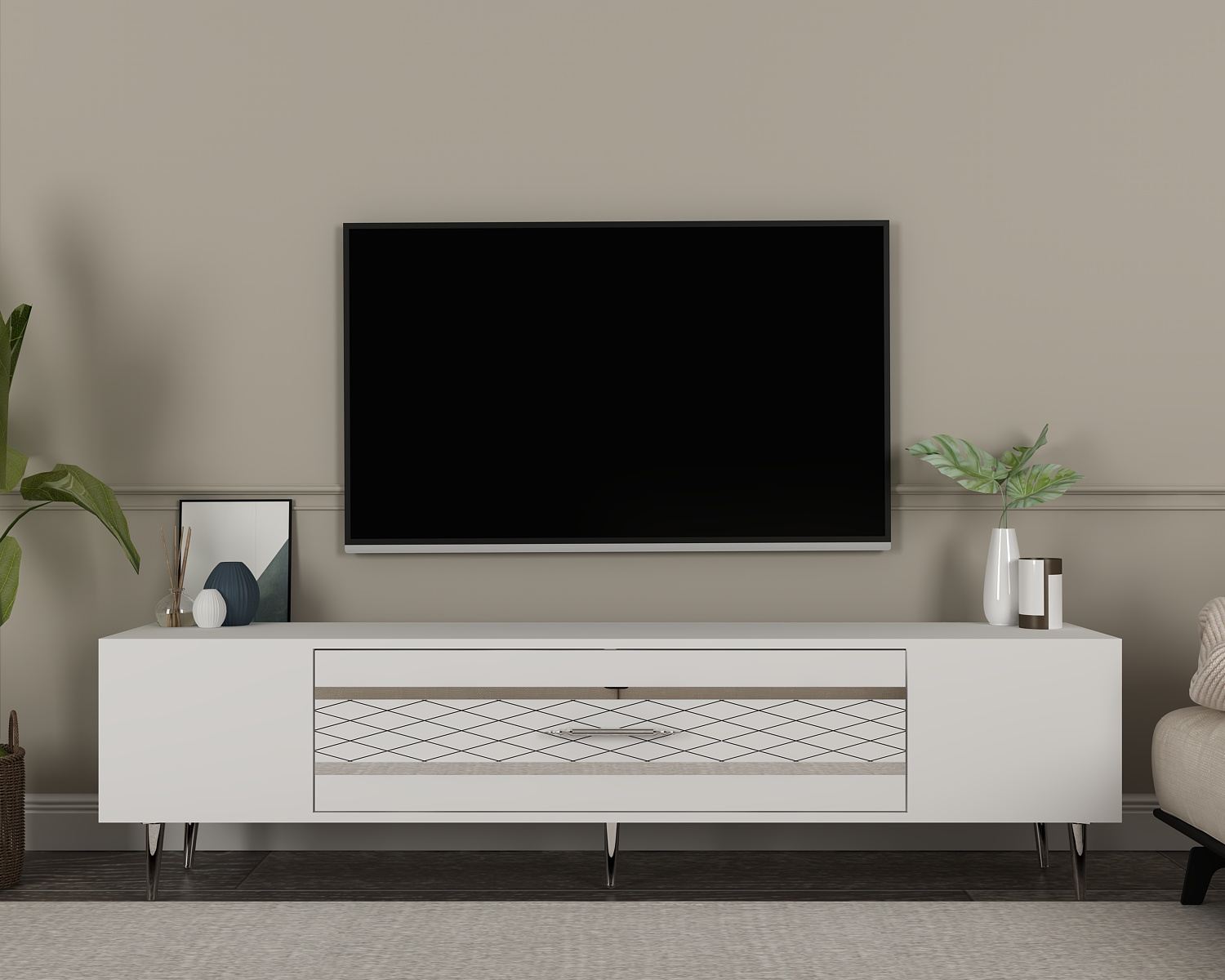 Móvel de TV – 150 cm x 48,2 cm x 35 cm – Branco e Prata – Painéis de partículas revestidos a melamina