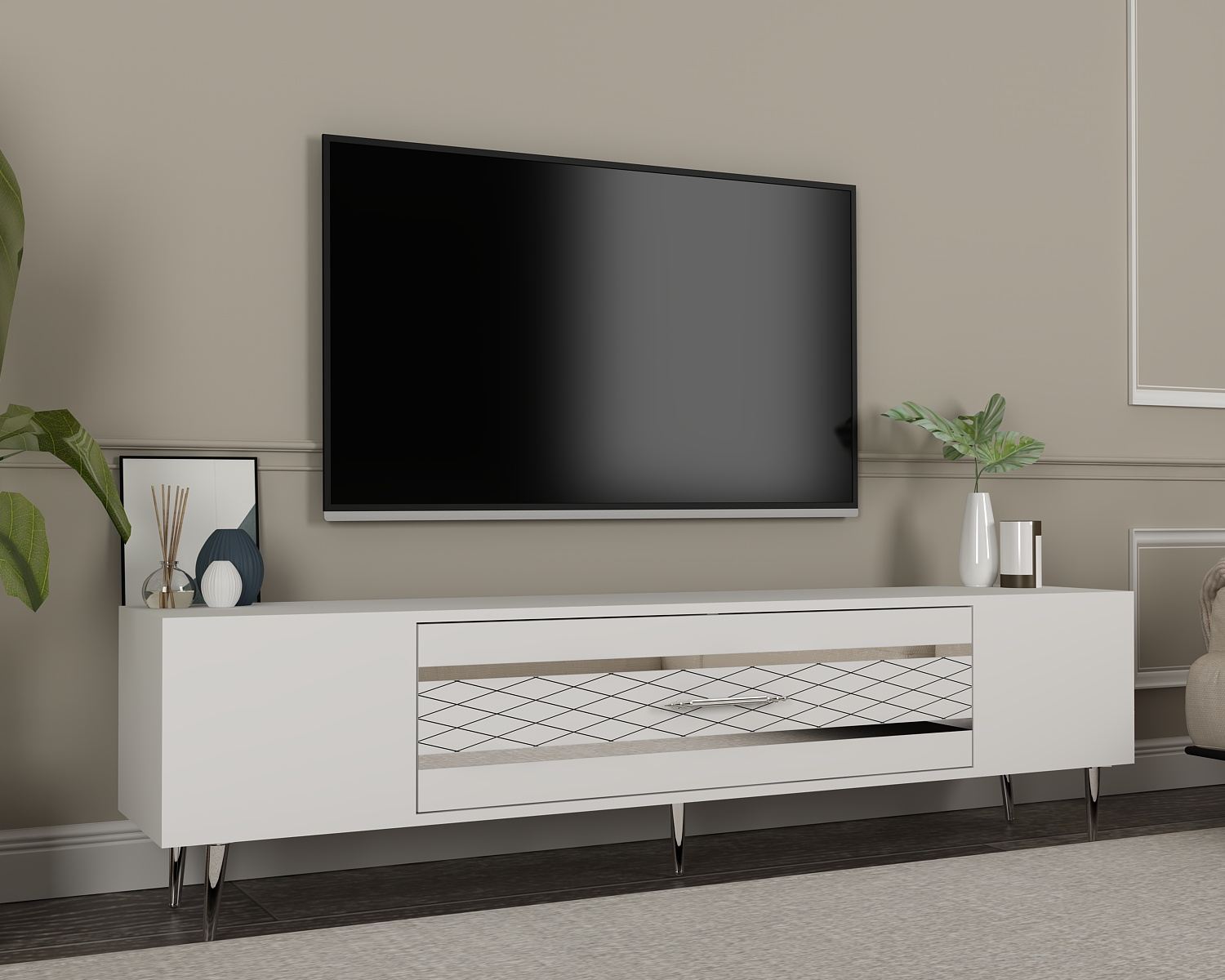 Móvel de TV – 150 cm x 48,2 cm x 35 cm – Branco e Prata – Painéis de partículas revestidos a melamina