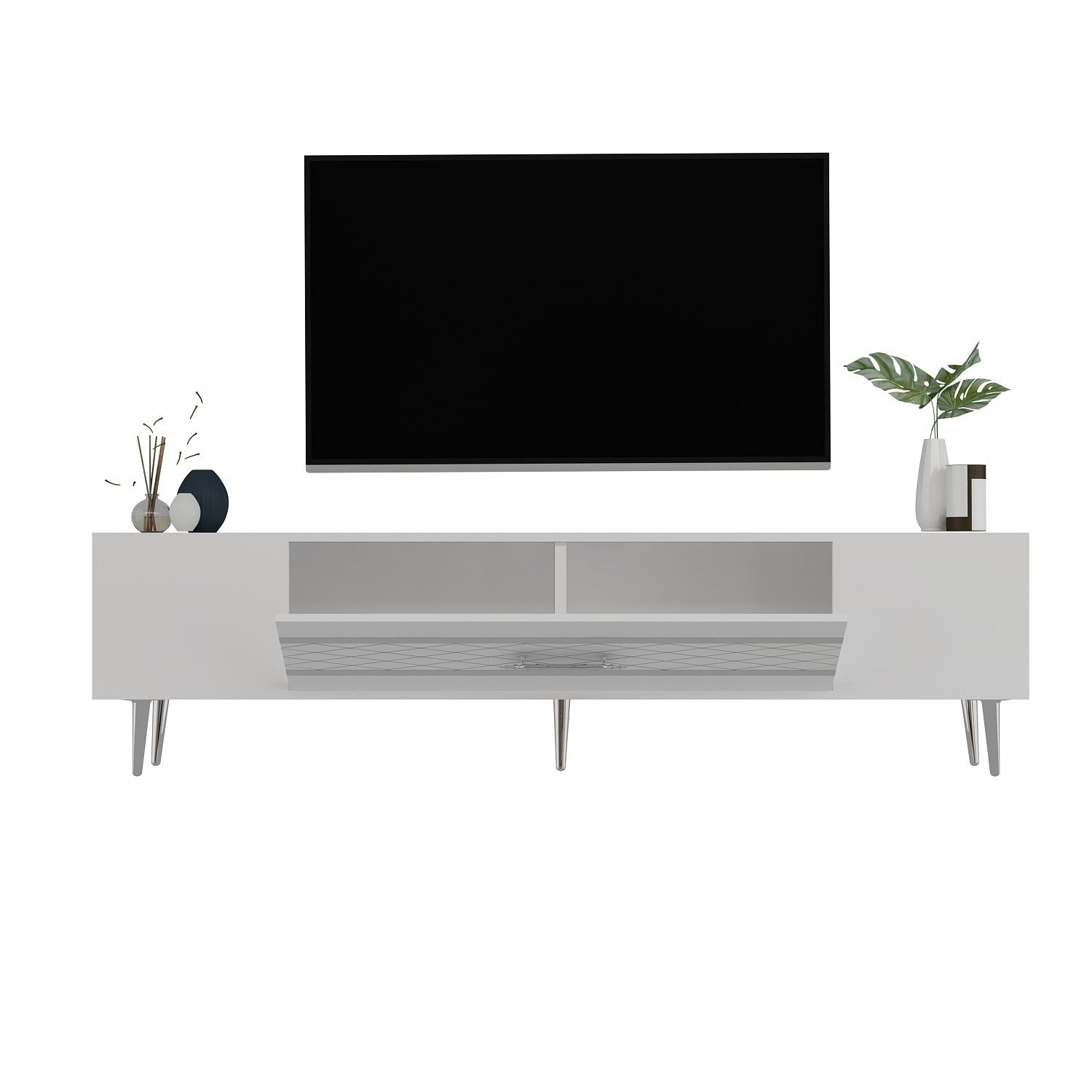 Móvel de TV – 150 cm x 48,2 cm x 35 cm – Branco e Prata – Painéis de partículas revestidos a melamina