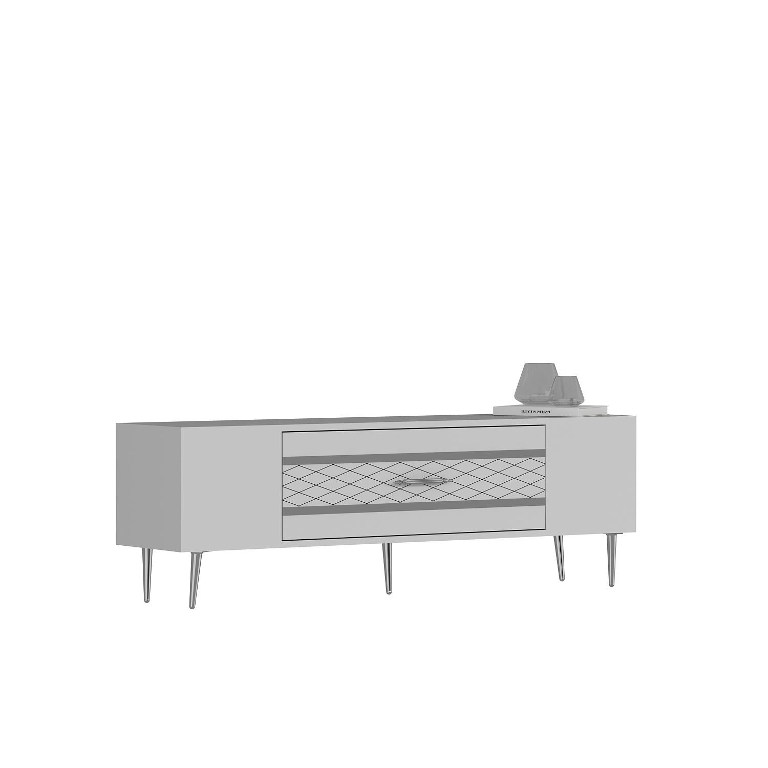Móvel de TV – 150 cm x 48,2 cm x 35 cm – Branco e Prata – Painéis de partículas revestidos a melamina