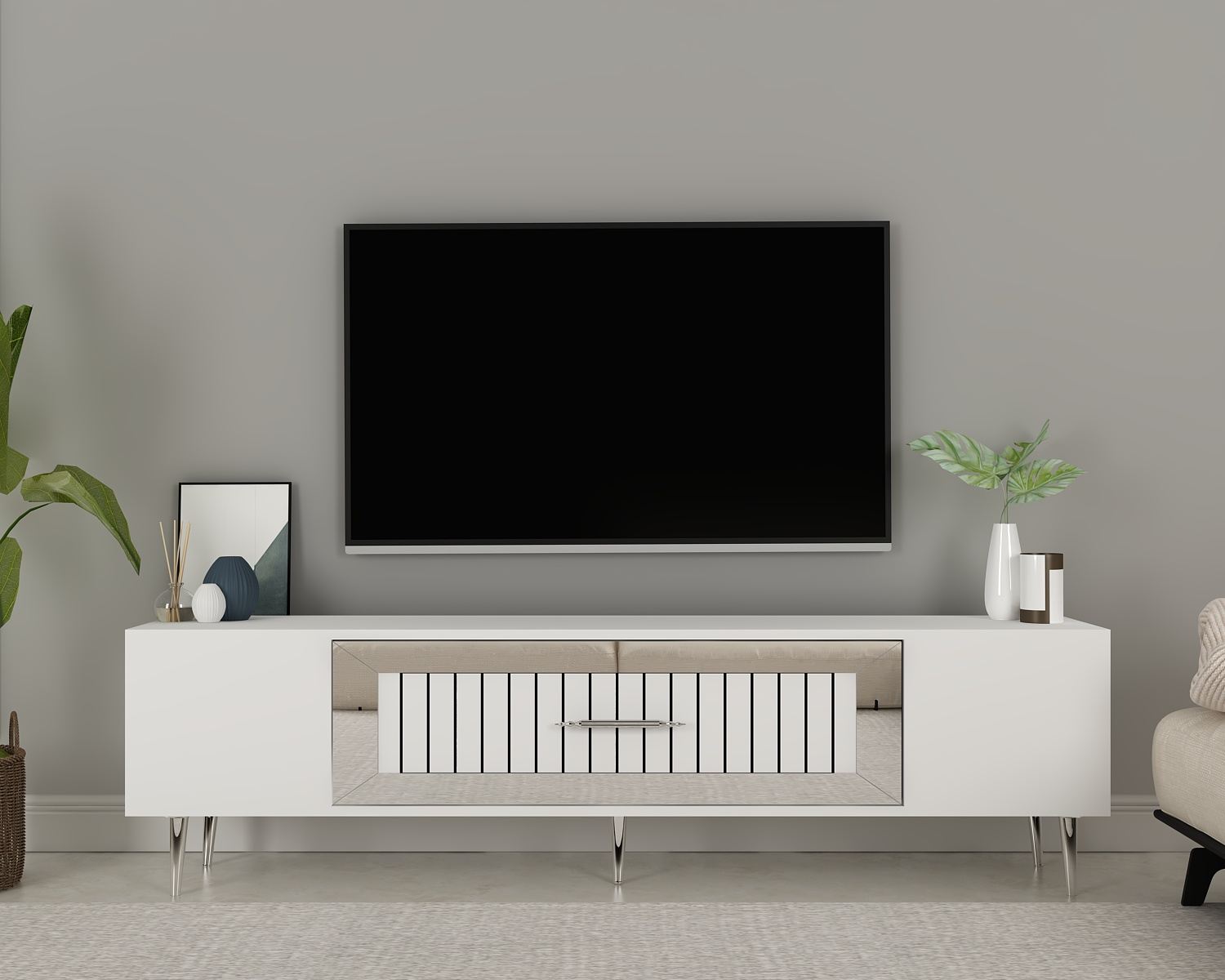 Móvel de TV – 150 cm x 48,2 cm x 29,6 cm – Branco e Prata – Painéis de partículas revestidos a melamina