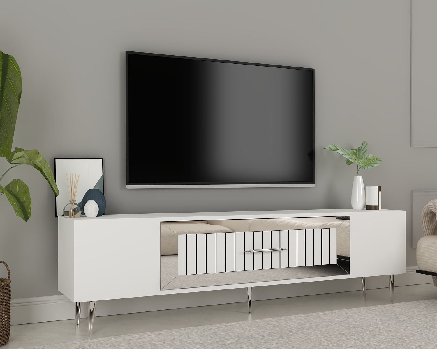 Móvel de TV – 150 cm x 48,2 cm x 29,6 cm – Branco e Prata – Painéis de partículas revestidos a melamina