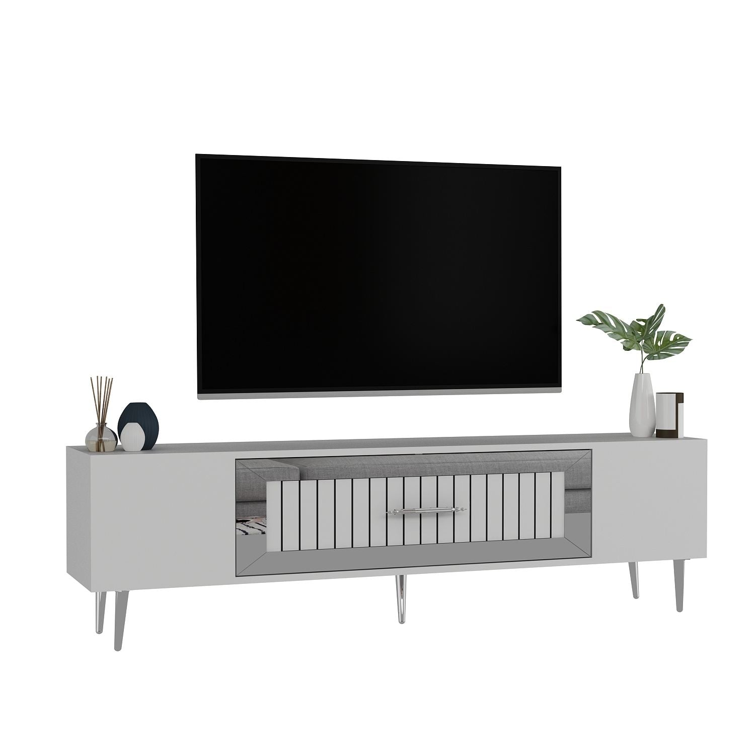 Móvel de TV – 150 cm x 48,2 cm x 29,6 cm – Branco e Prata – Painéis de partículas revestidos a melamina