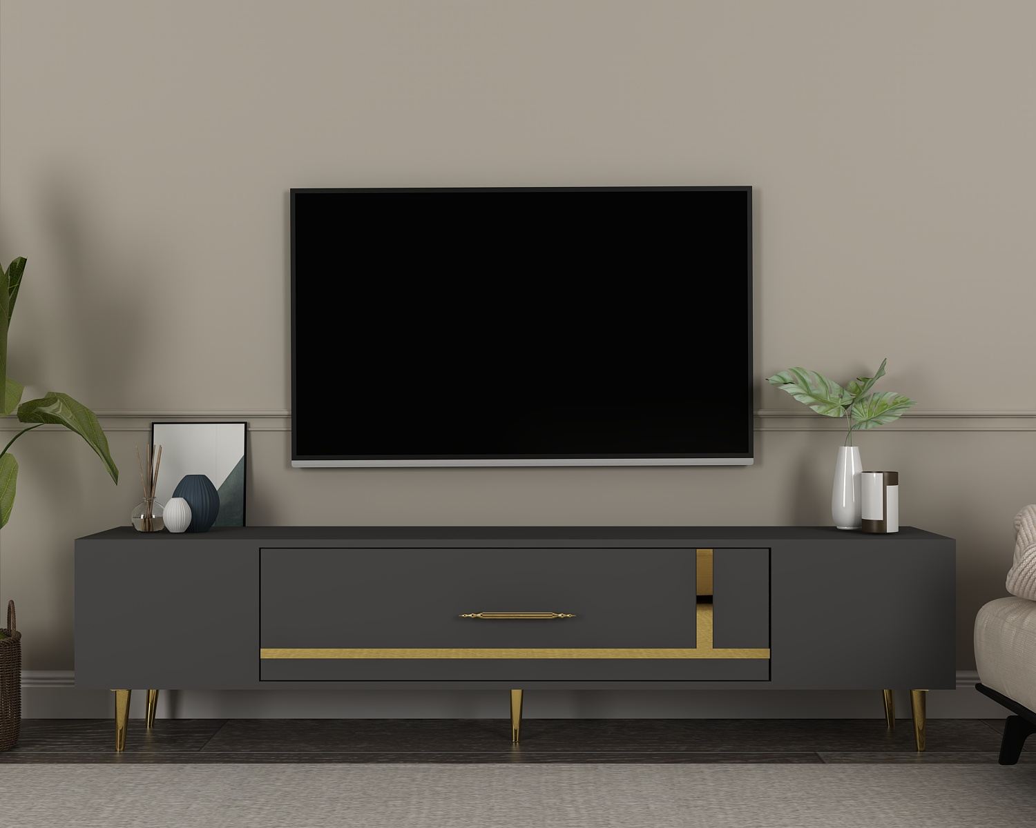 Móvel de TV – 150 cm x 48,2 cm x 29,6 cm – Antracite e Dourado – Painel de partículas