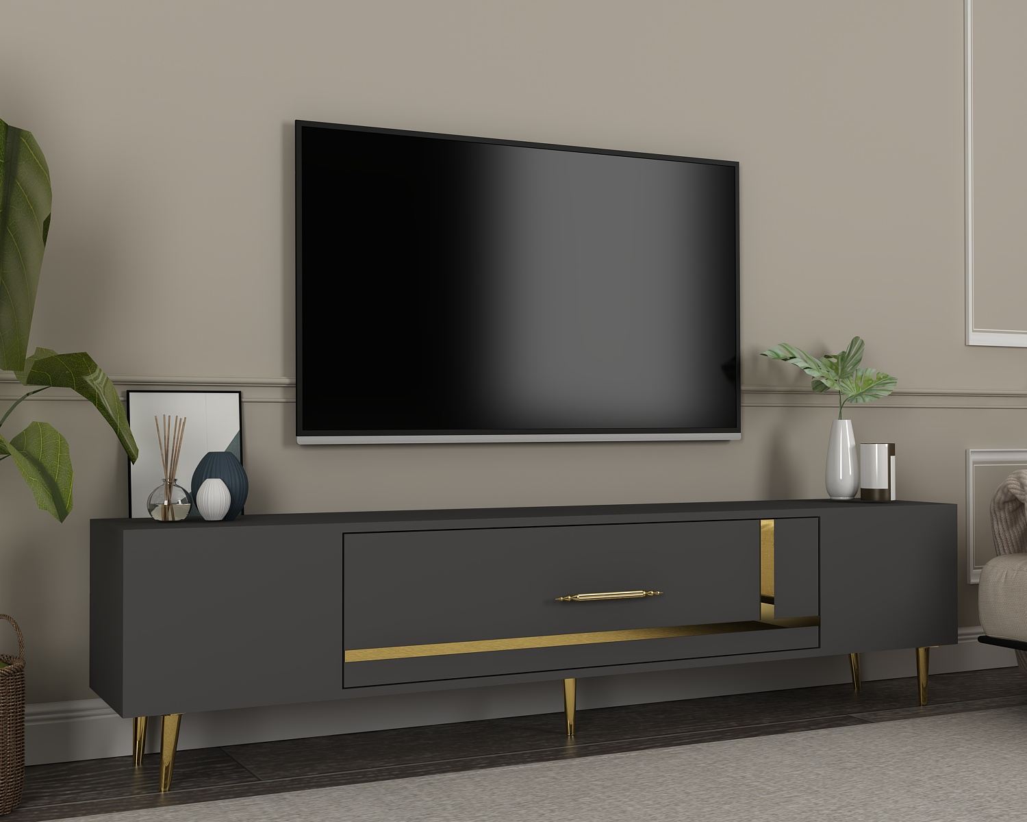 Móvel de TV – 150 cm x 48,2 cm x 29,6 cm – Antracite e Dourado – Painel de partículas