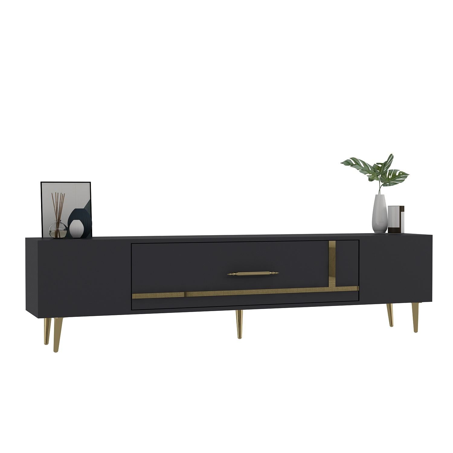 Móvel de TV – 150 cm x 48,2 cm x 29,6 cm – Antracite e Dourado – Painel de partículas