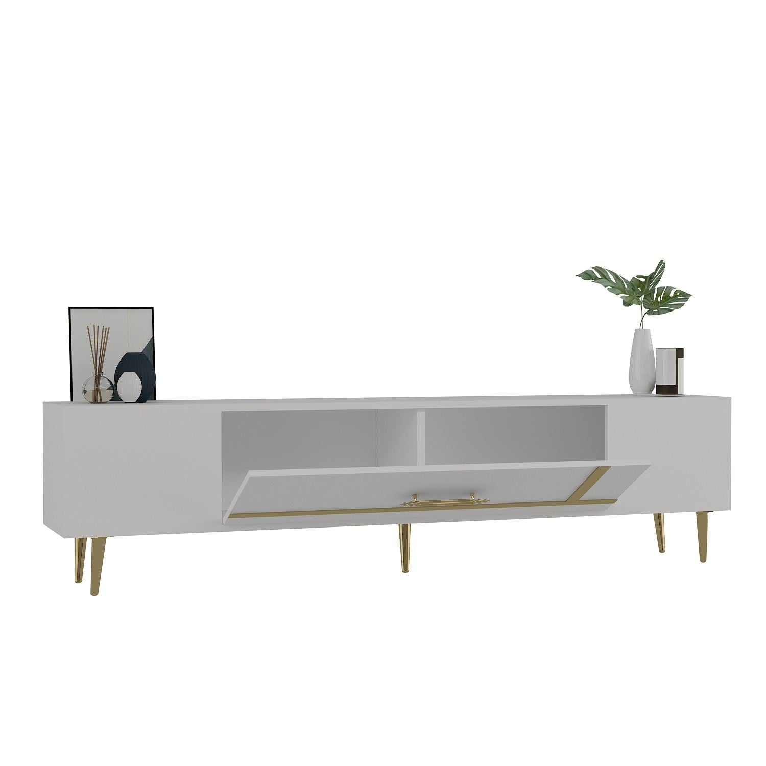 Móvel de TV – 150 cm x 48,2 cm x 29,6 cm – Branco e Dourado – Painel de partículas revestido a melamina