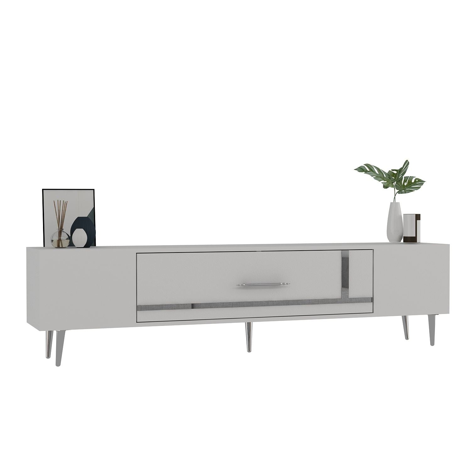Móvel de TV – 150 cm x 48,2 cm x 29,6 cm – Branco e Prata – Painéis de partículas revestidos a melamina