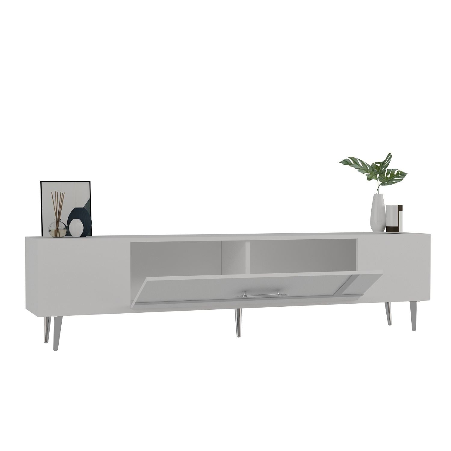 Móvel de TV – 150 cm x 48,2 cm x 29,6 cm – Branco e Prata – Painéis de partículas revestidos a melamina