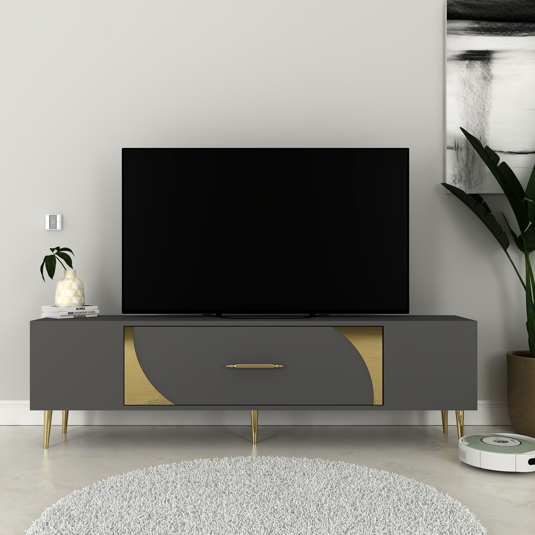 Móvel de TV – 150 cm x 48,2 cm x 29,6 cm – Antracite e Dourado – Painel de partículas com revestimento em melamina