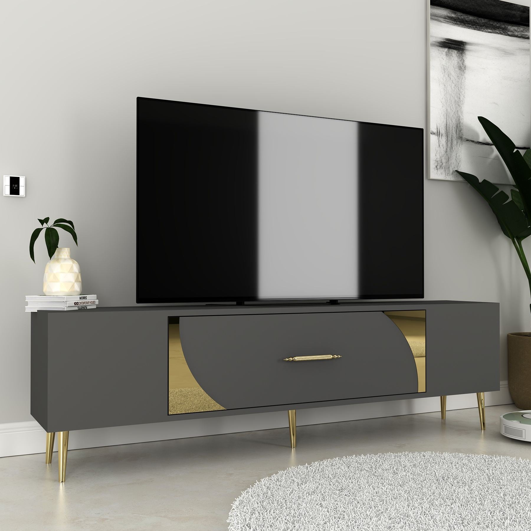 Móvel de TV – 150 cm x 48,2 cm x 29,6 cm – Antracite e Dourado – Painel de partículas com revestimento em melamina