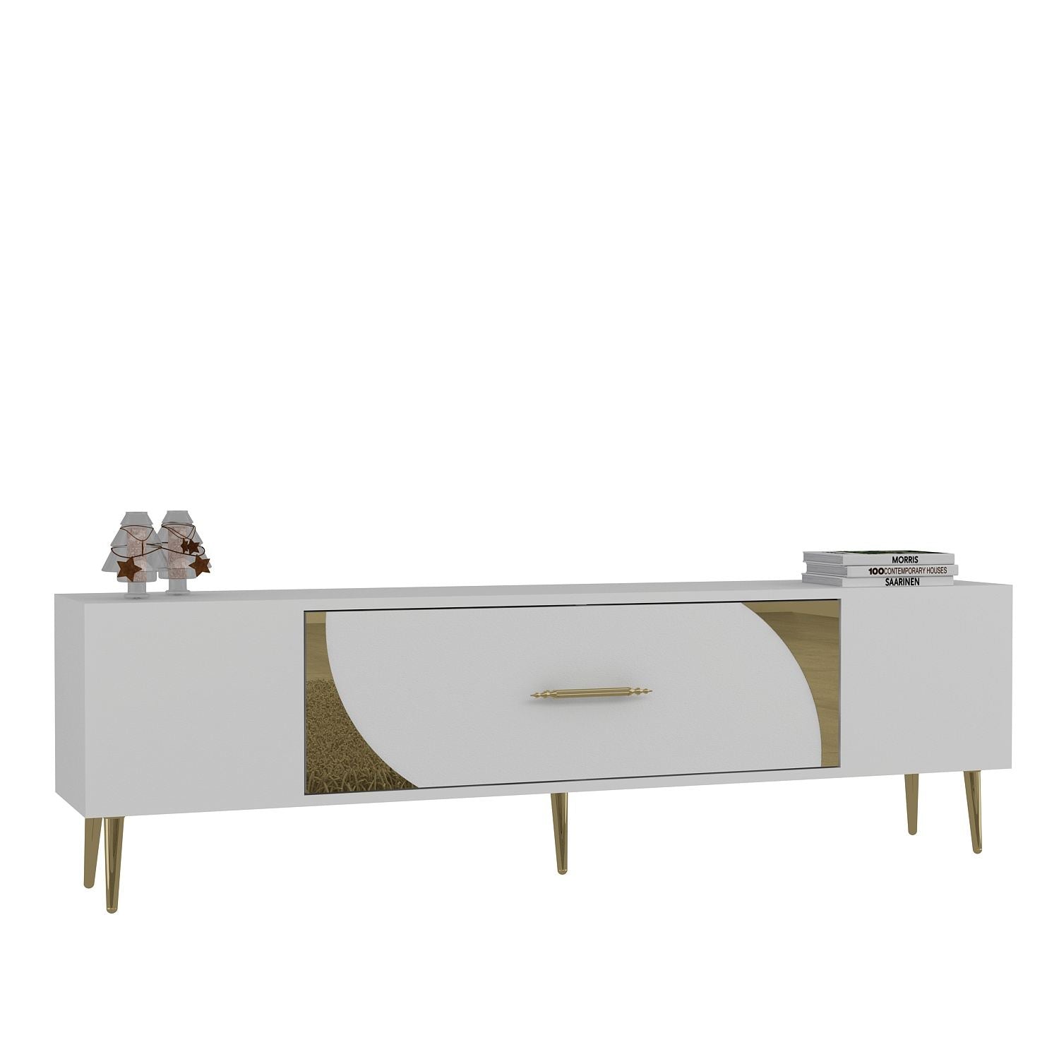 Móvel de TV – 150 cm x 48,2 cm x 29,6 cm – Branco e Dourado – Painel de partículas revestido a melamina