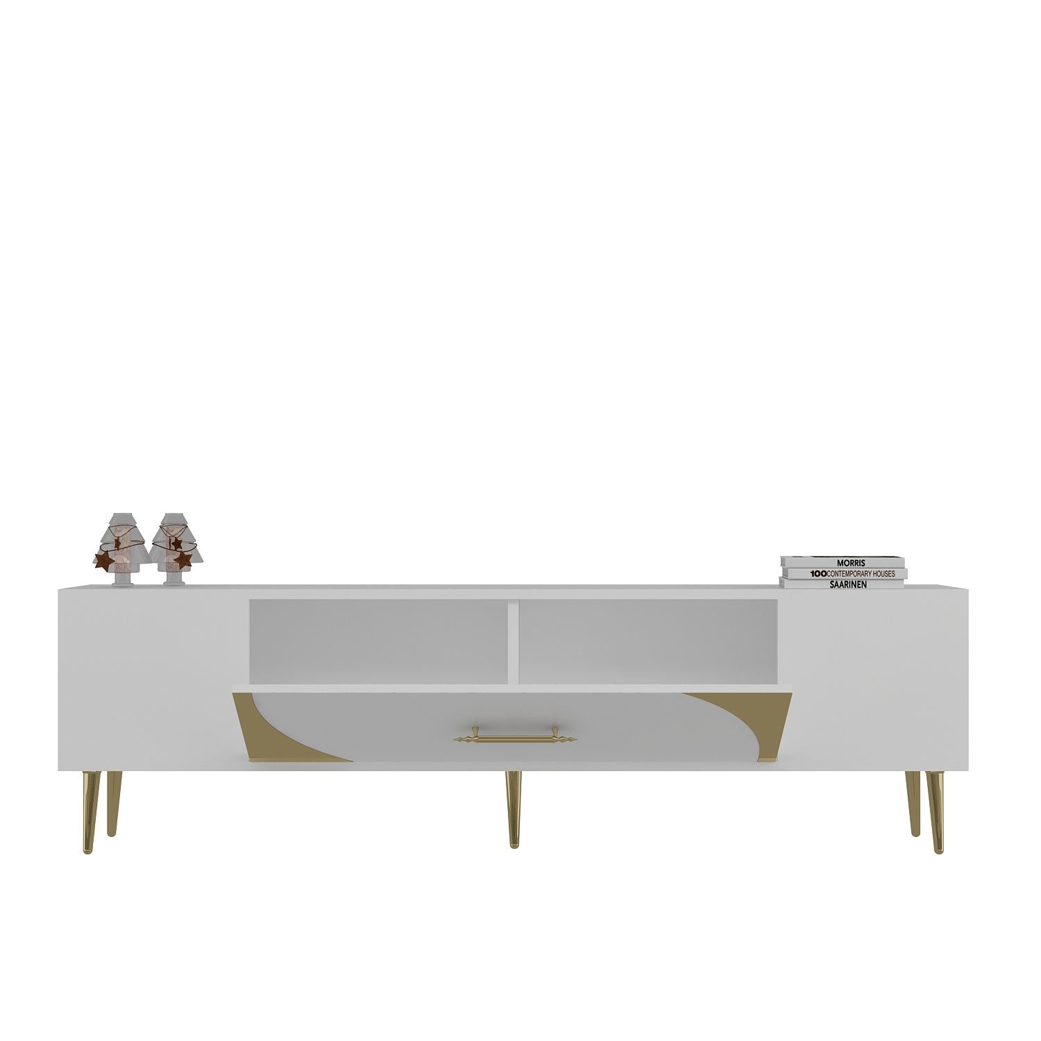 Móvel de TV – 150 cm x 48,2 cm x 29,6 cm – Branco e Dourado – Painel de partículas revestido a melamina