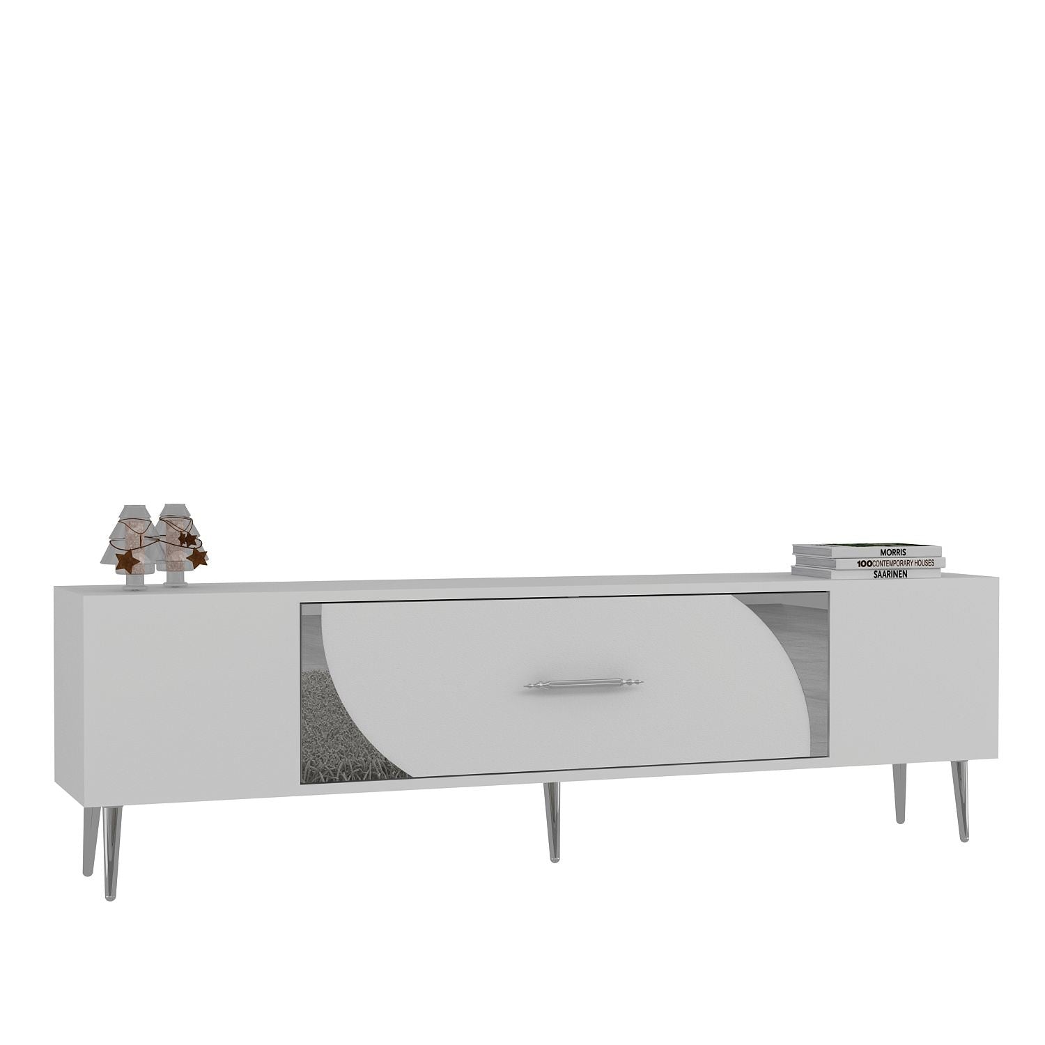 Móvel de TV – 150 cm x 48.2 cm x 29.6 cm – Branco e Prata – Painel de Partículas Revestido a Melamina