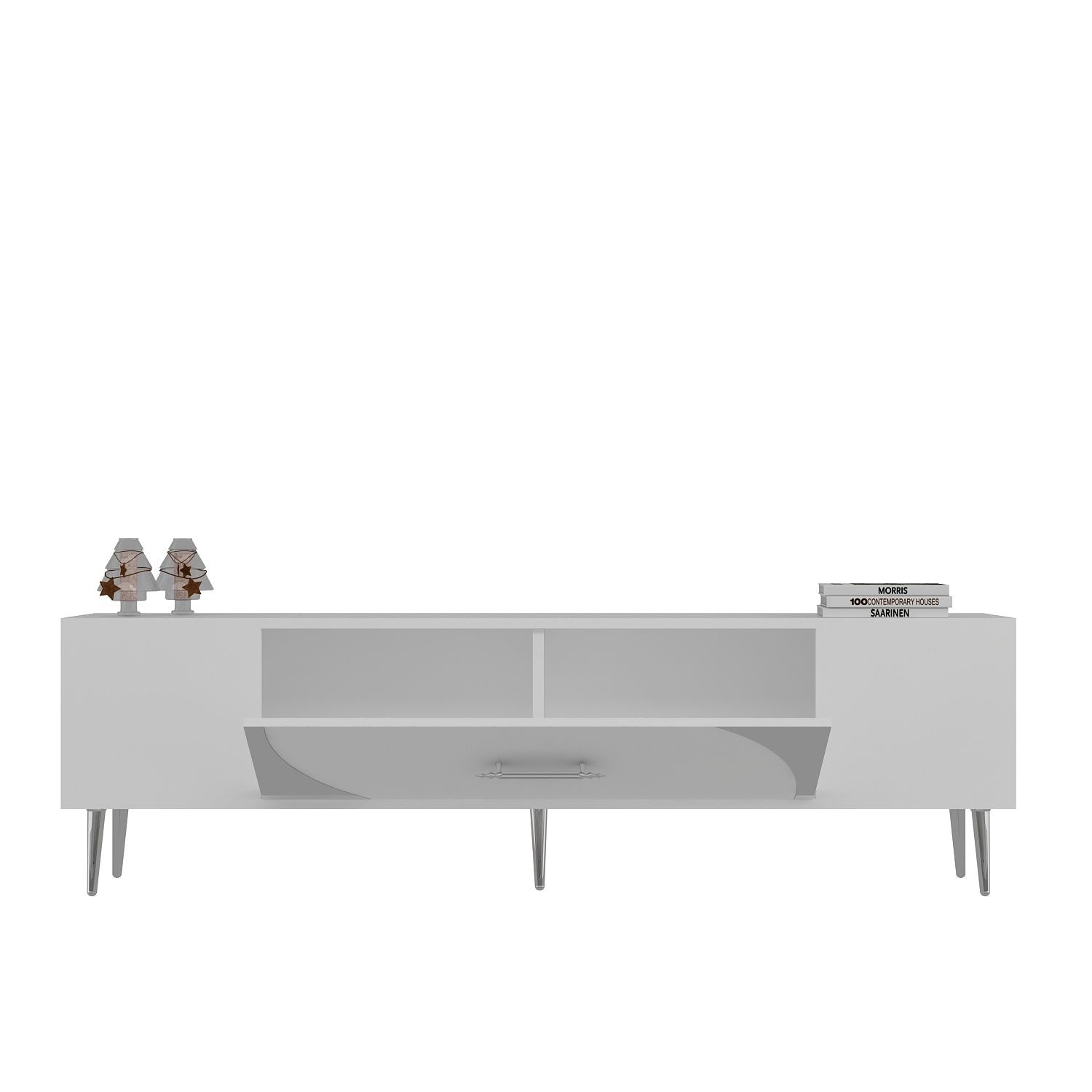 Móvel de TV – 150 cm x 48.2 cm x 29.6 cm – Branco e Prata – Painel de Partículas Revestido a Melamina