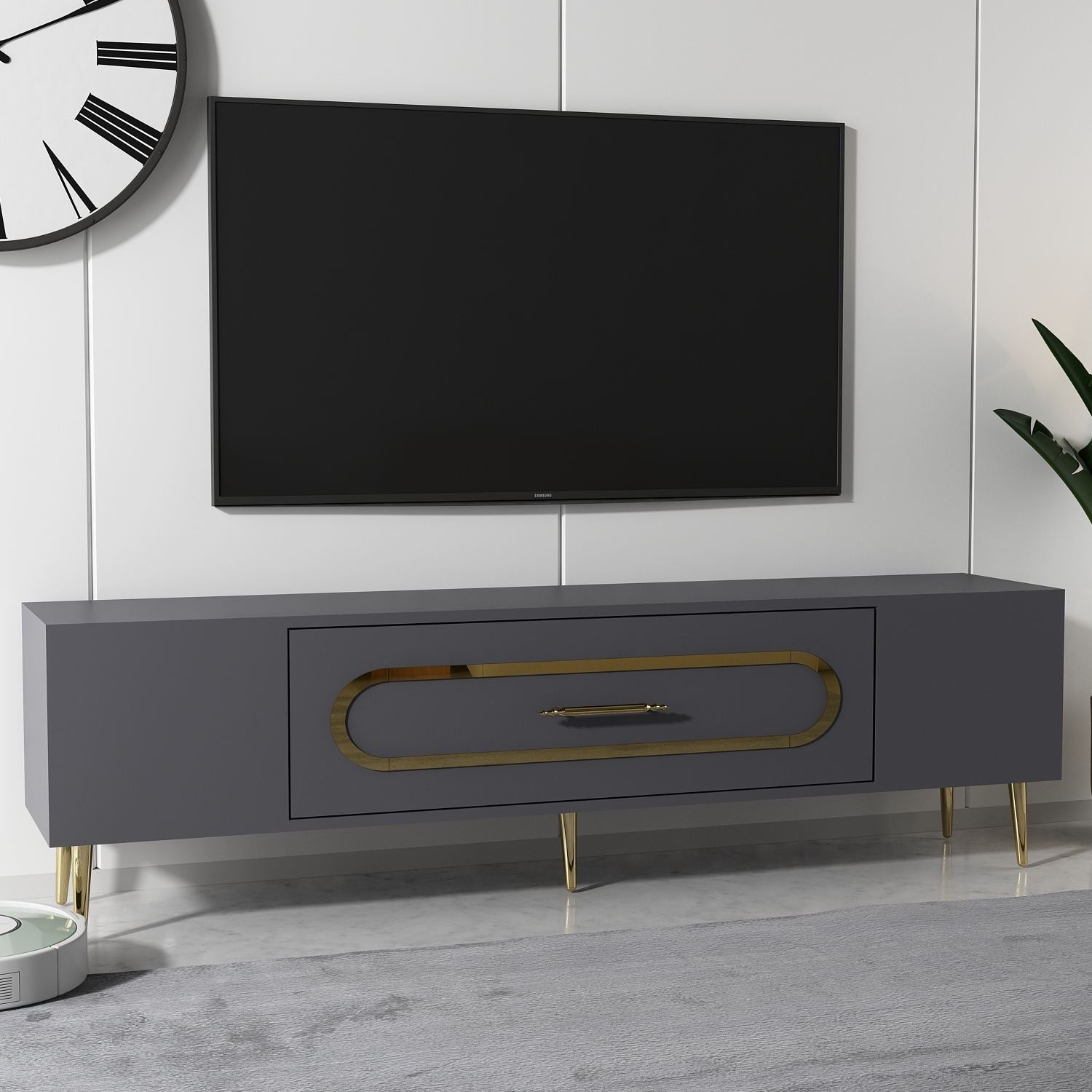 Móvel de TV – 150 cm x 48,2 cm x 29,6 cm – Antracite e Dourado – Painéis de partículas revestidos a melamina