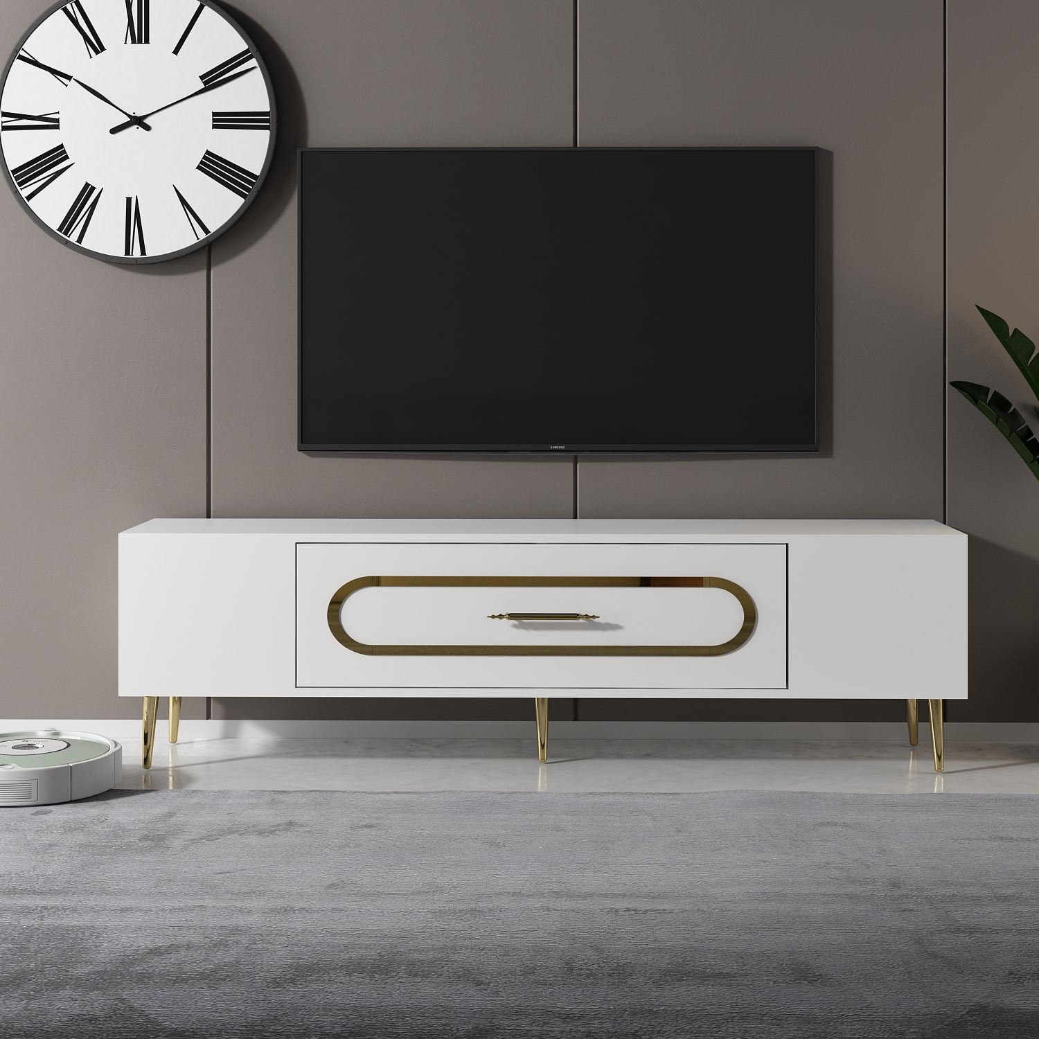 Móvel de TV – 150 cm x 48,2 cm x 29,6 cm – Branco e Dourado – Melamina