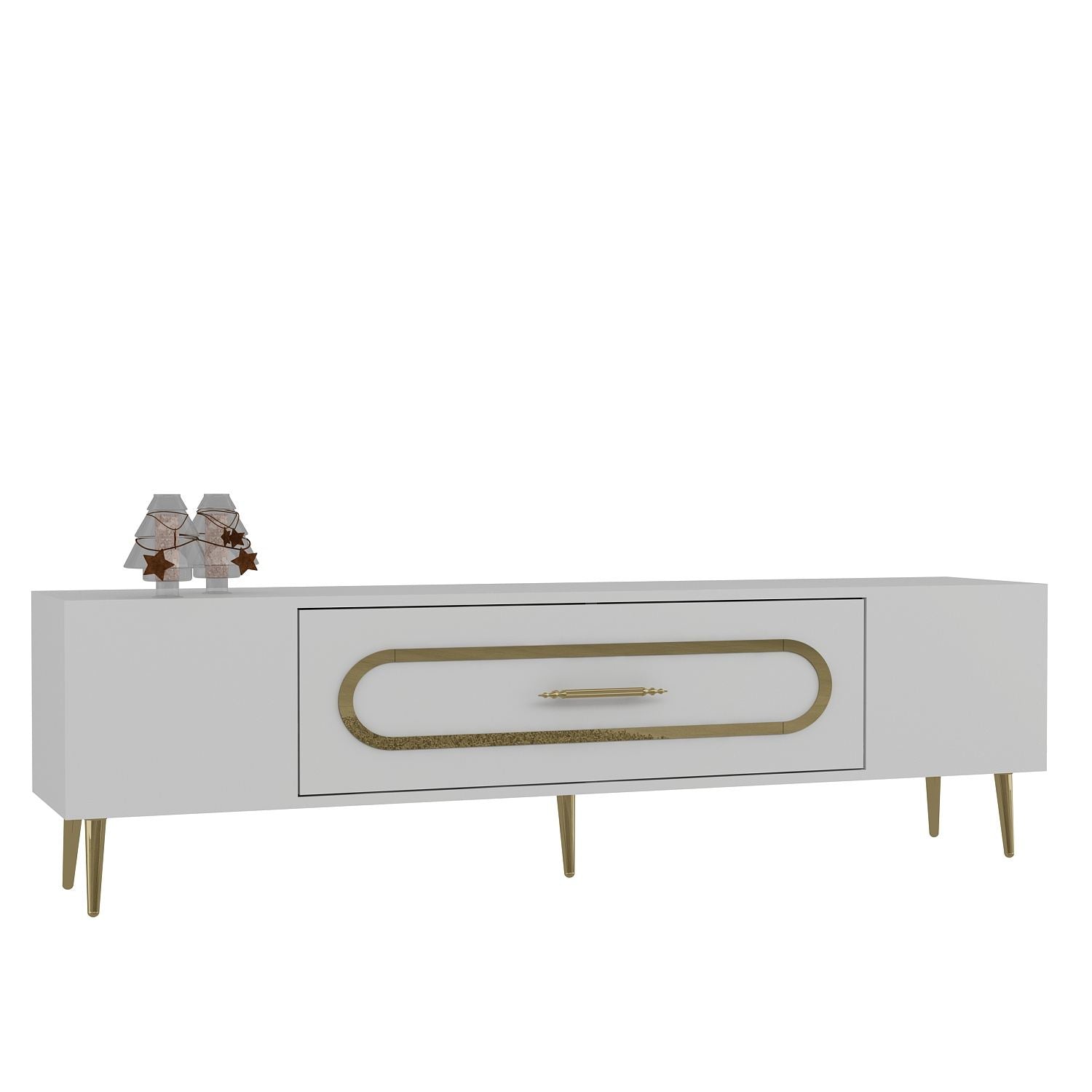 Móvel de TV – 150 cm x 48,2 cm x 29,6 cm – Branco e Dourado – Melamina