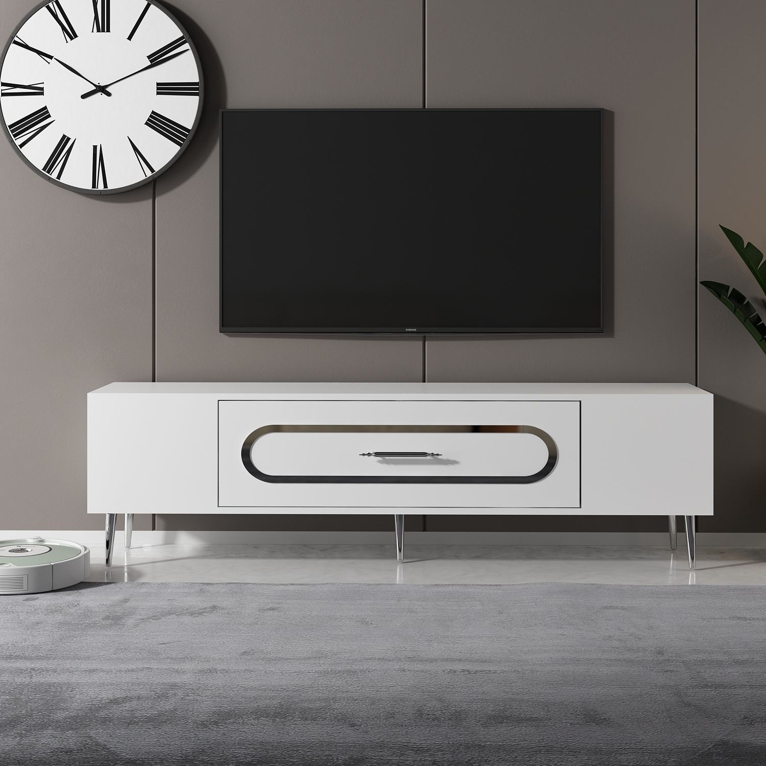 Móvel de TV – 150 cm x 48,2 cm x 29,6 cm – Branco e Prata – Painel de partículas revestido a melamina