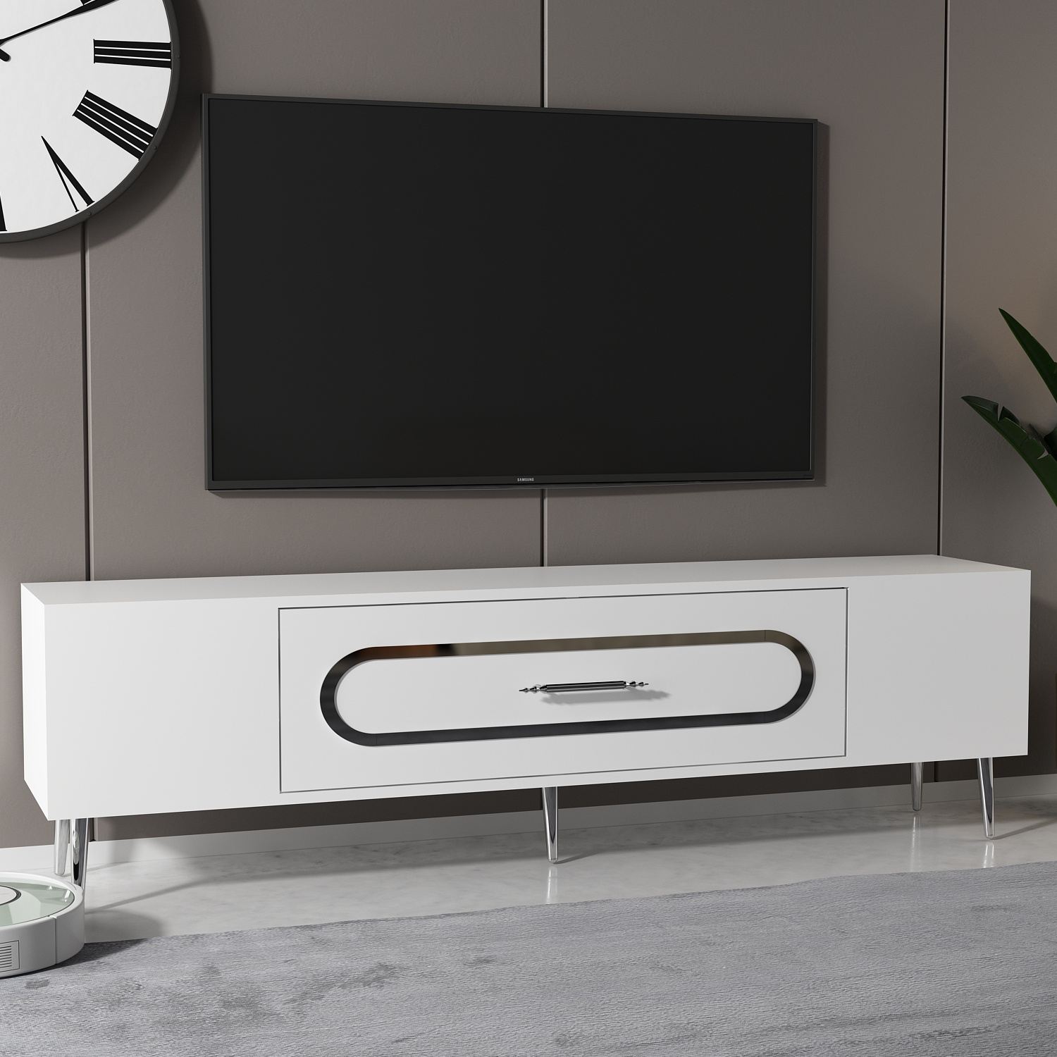 Móvel de TV – 150 cm x 48,2 cm x 29,6 cm – Branco e Prata – Painel de partículas revestido a melamina