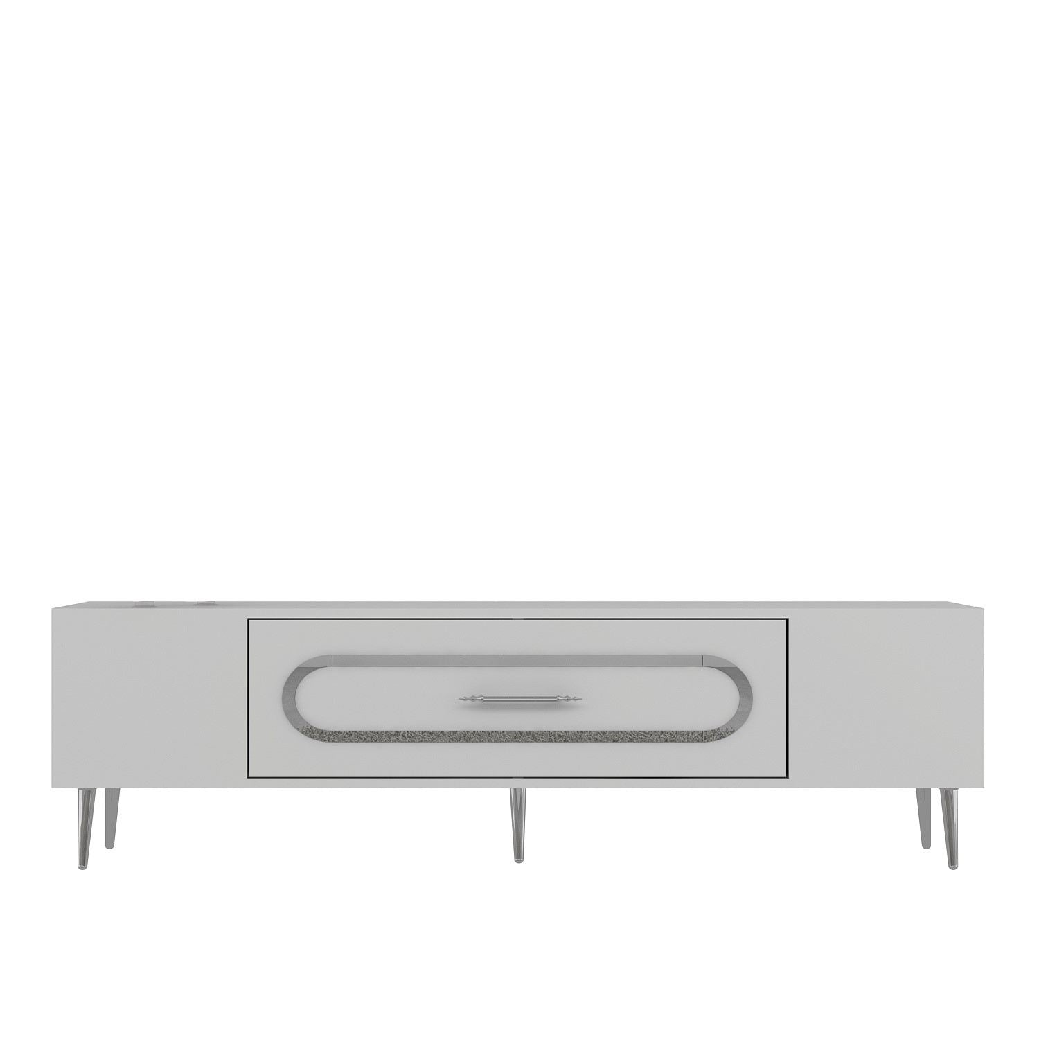 Móvel de TV – 150 cm x 48,2 cm x 29,6 cm – Branco e Prata – Painel de partículas revestido a melamina