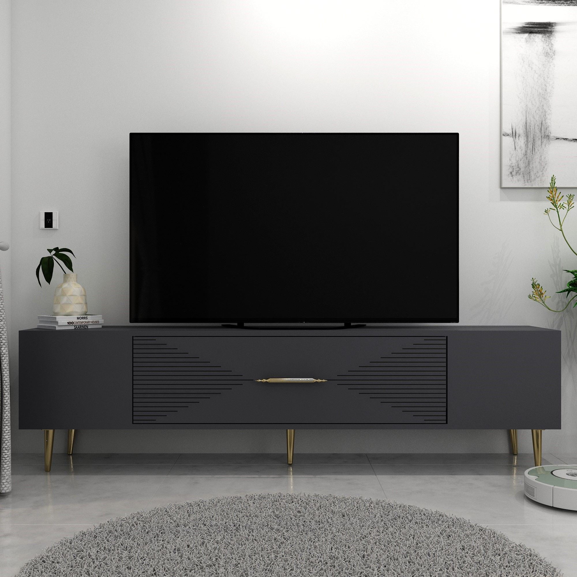 Móvel de TV – 150 cm x 48,2 cm x 29,6 cm – Antracite e Dourado – Painel de Partículas
