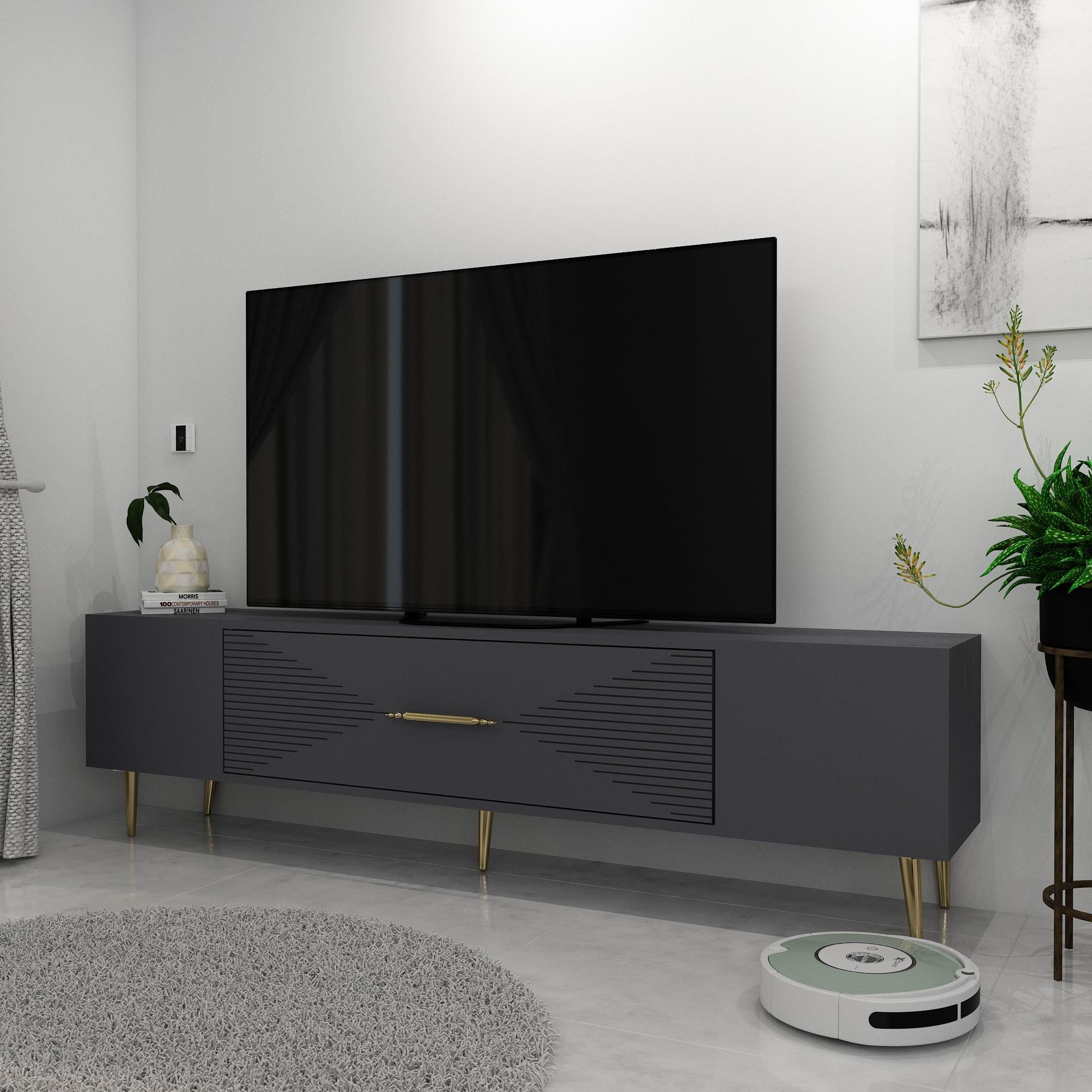 Móvel de TV – 150 cm x 48,2 cm x 29,6 cm – Antracite e Dourado – Painel de Partículas