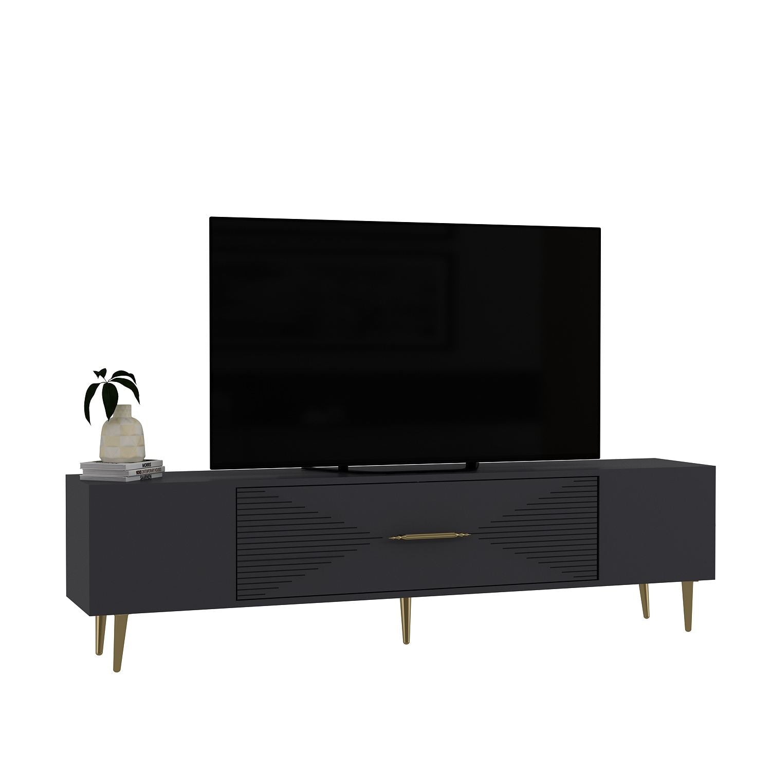 Móvel de TV – 150 cm x 48,2 cm x 29,6 cm – Antracite e Dourado – Painel de Partículas
