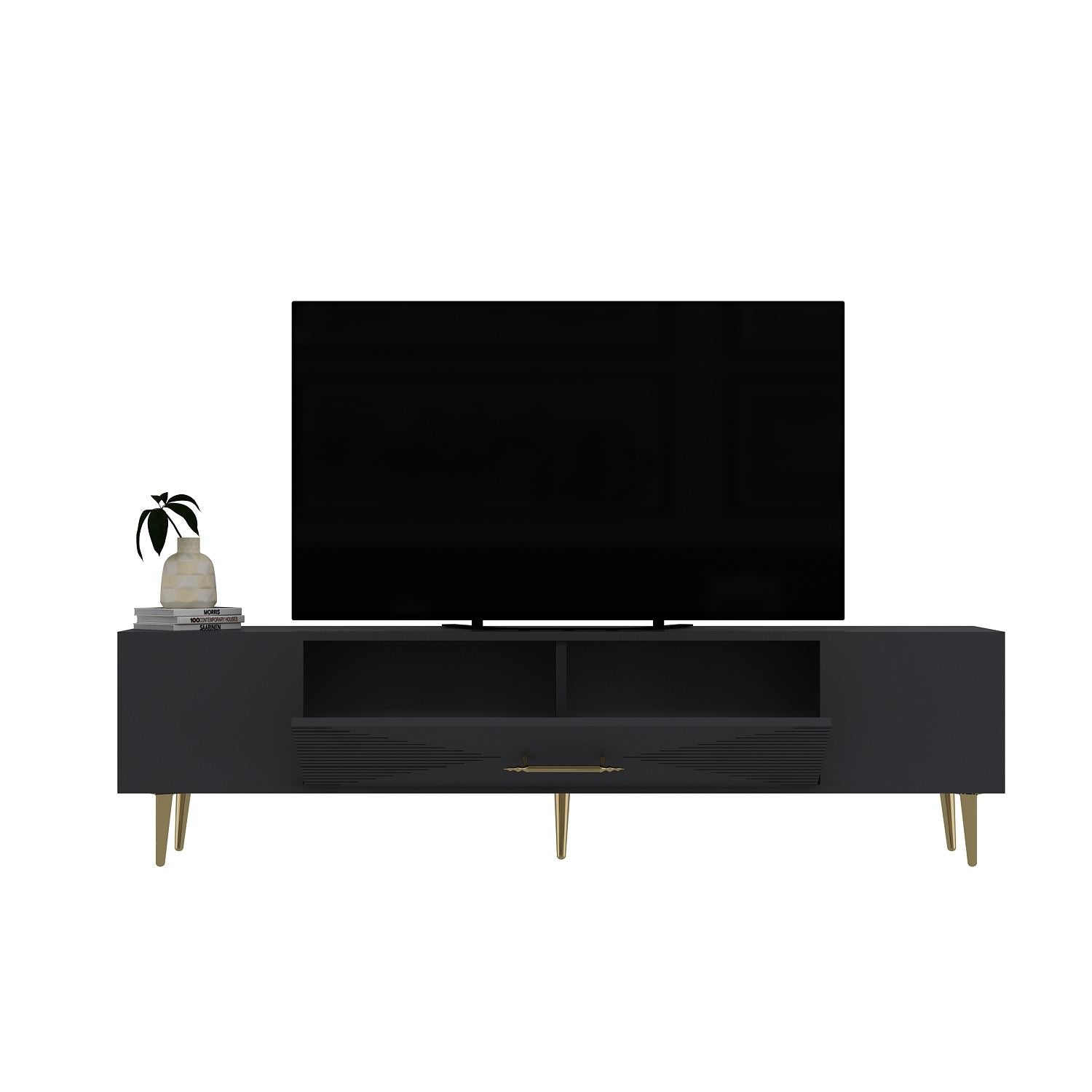 Móvel de TV – 150 cm x 48,2 cm x 29,6 cm – Antracite e Dourado – Painel de Partículas