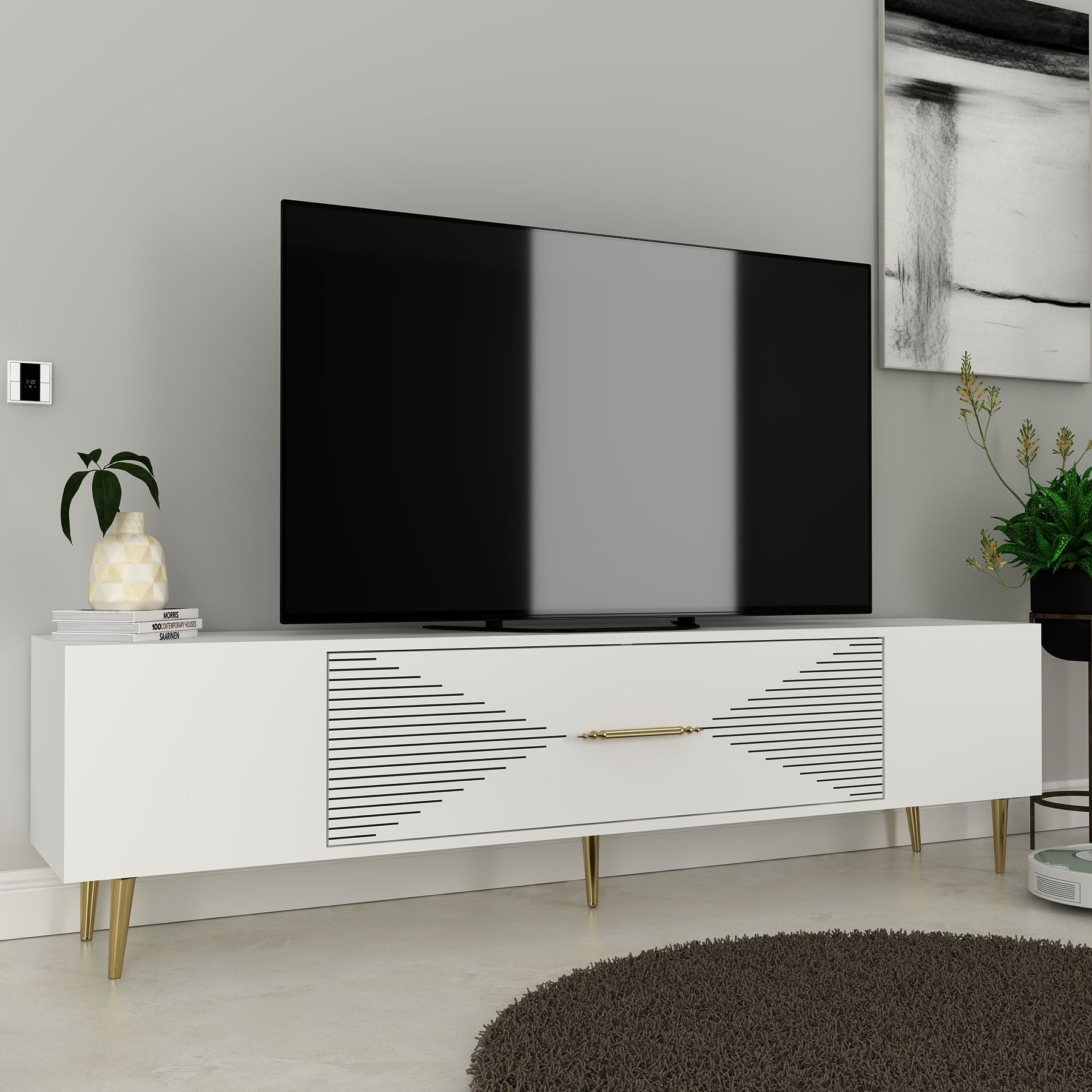 Móvel de TV – 150 cm x 48,2 cm x 29,6 cm – Branco e Dourado – Painel de partículas revestido a melamina
