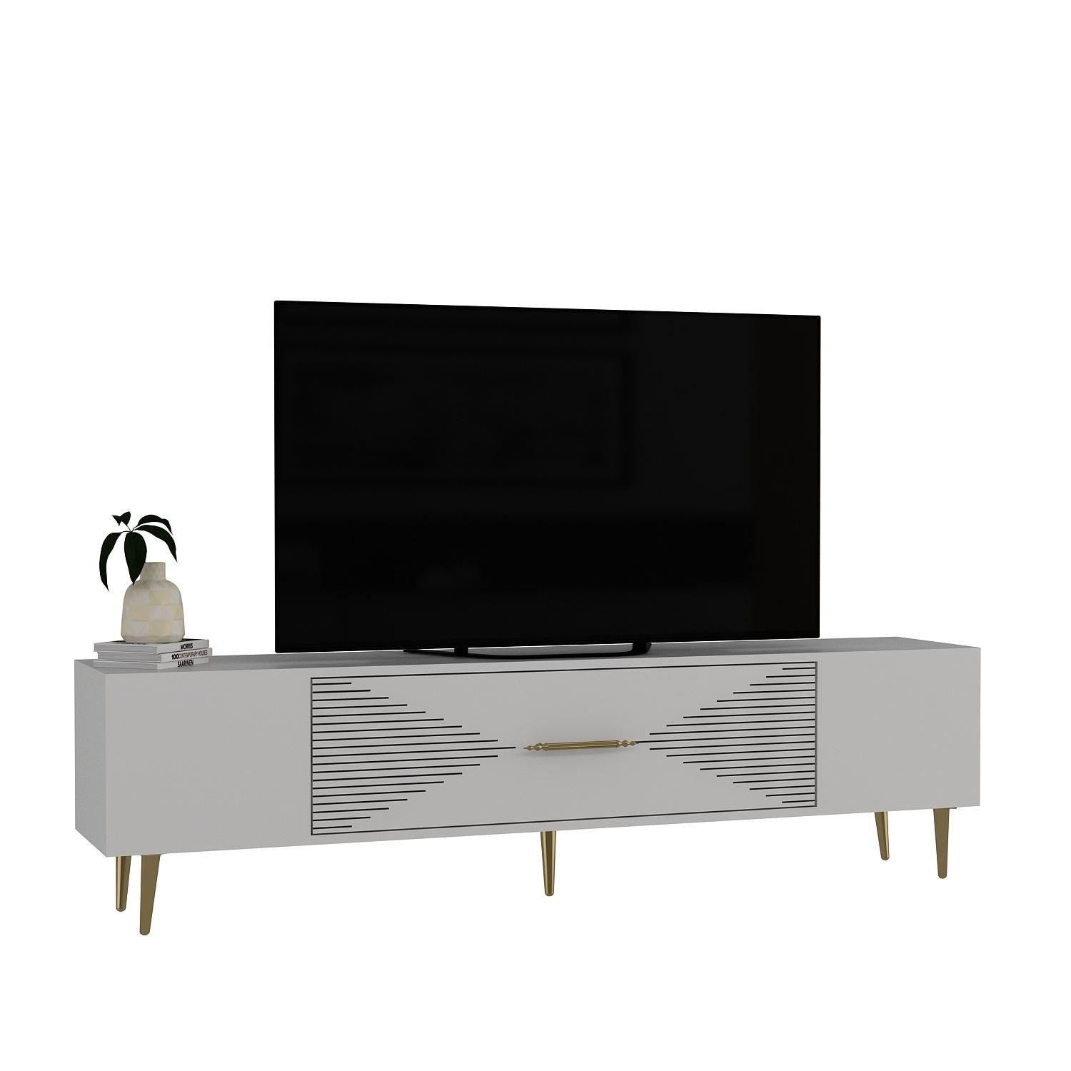 Móvel de TV – 150 cm x 48,2 cm x 29,6 cm – Branco e Dourado – Painel de partículas revestido a melamina