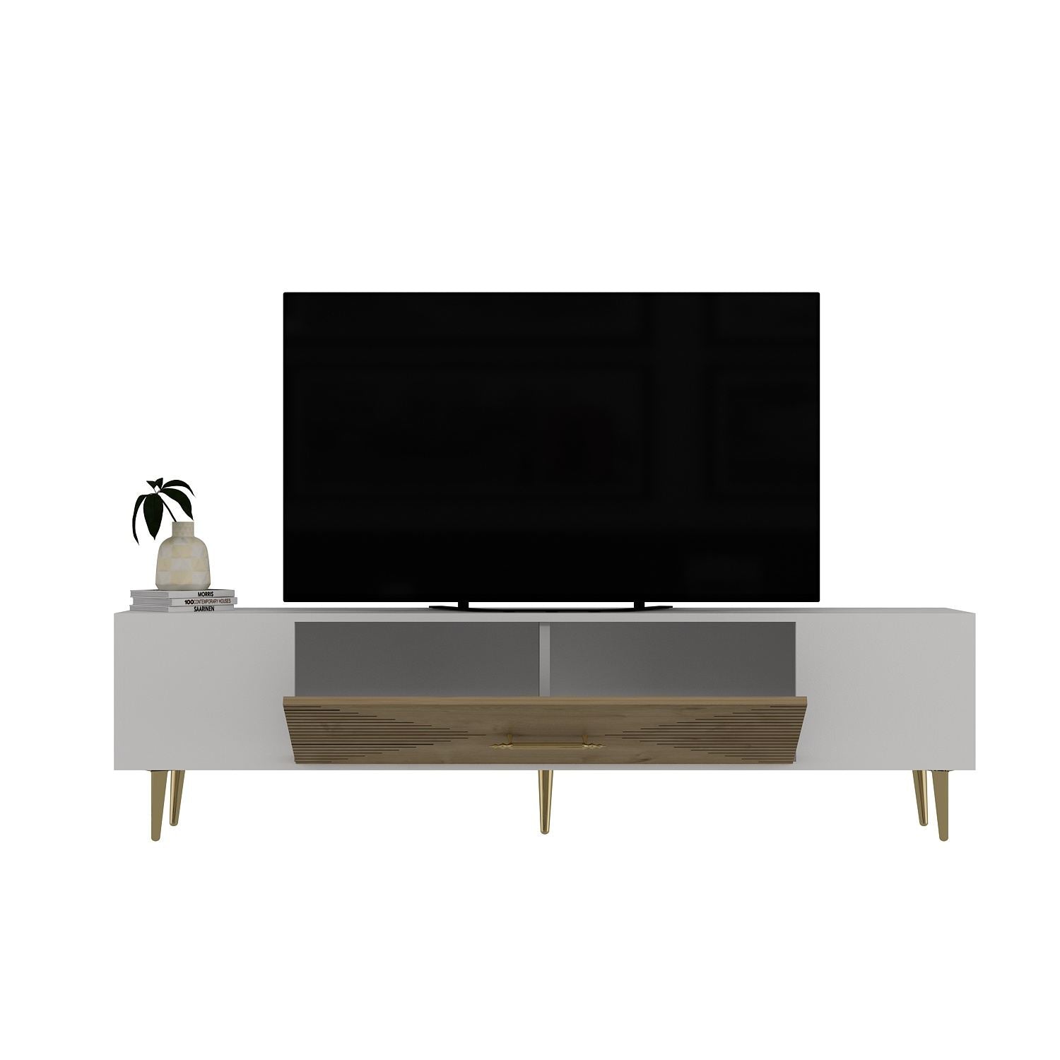 Móvel de TV – 150 cm x 48.2 cm x 29.6 cm – Carvalho Safira, Branco e Dourado – Painéis de partículas revestidos a melamina