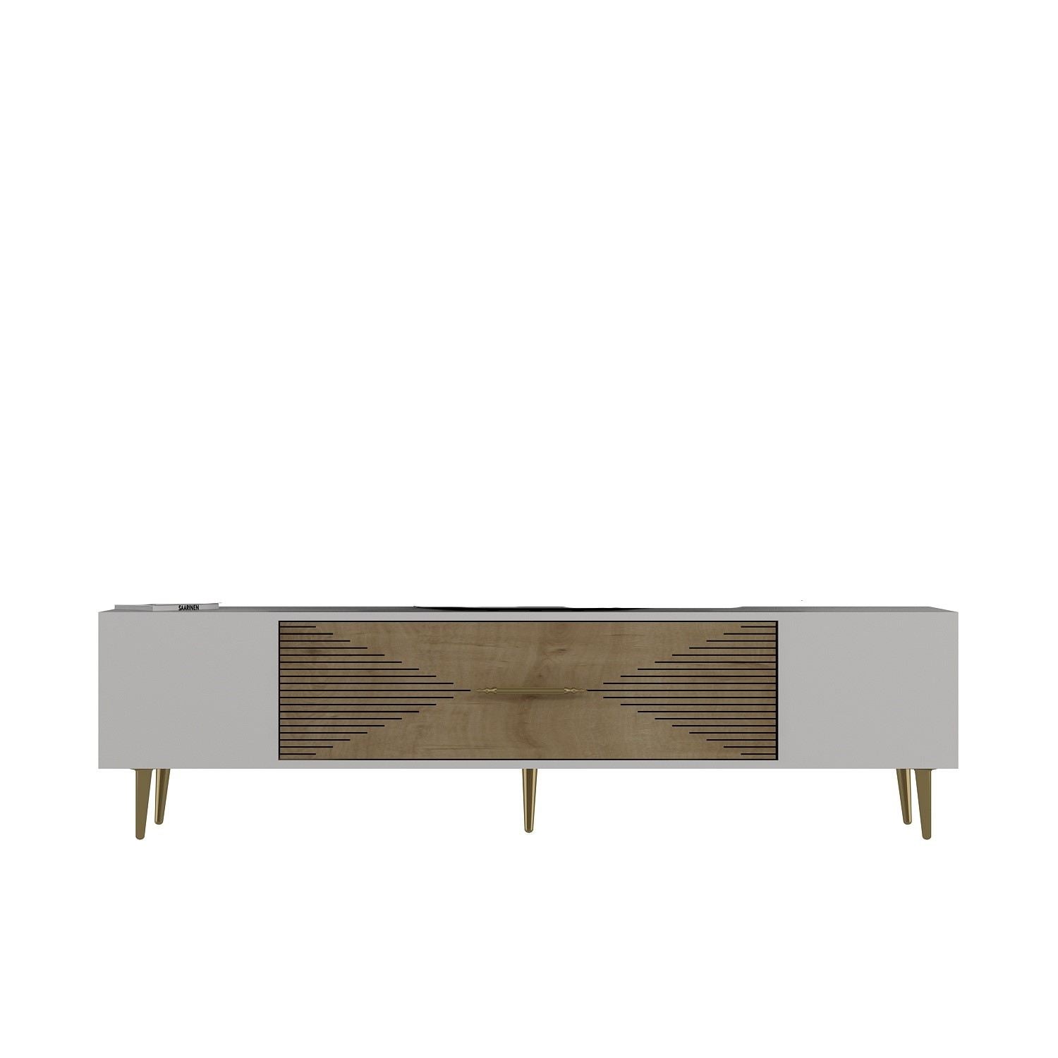 Móvel de TV – 150 cm x 48.2 cm x 29.6 cm – Carvalho Safira, Branco e Dourado – Painéis de partículas revestidos a melamina