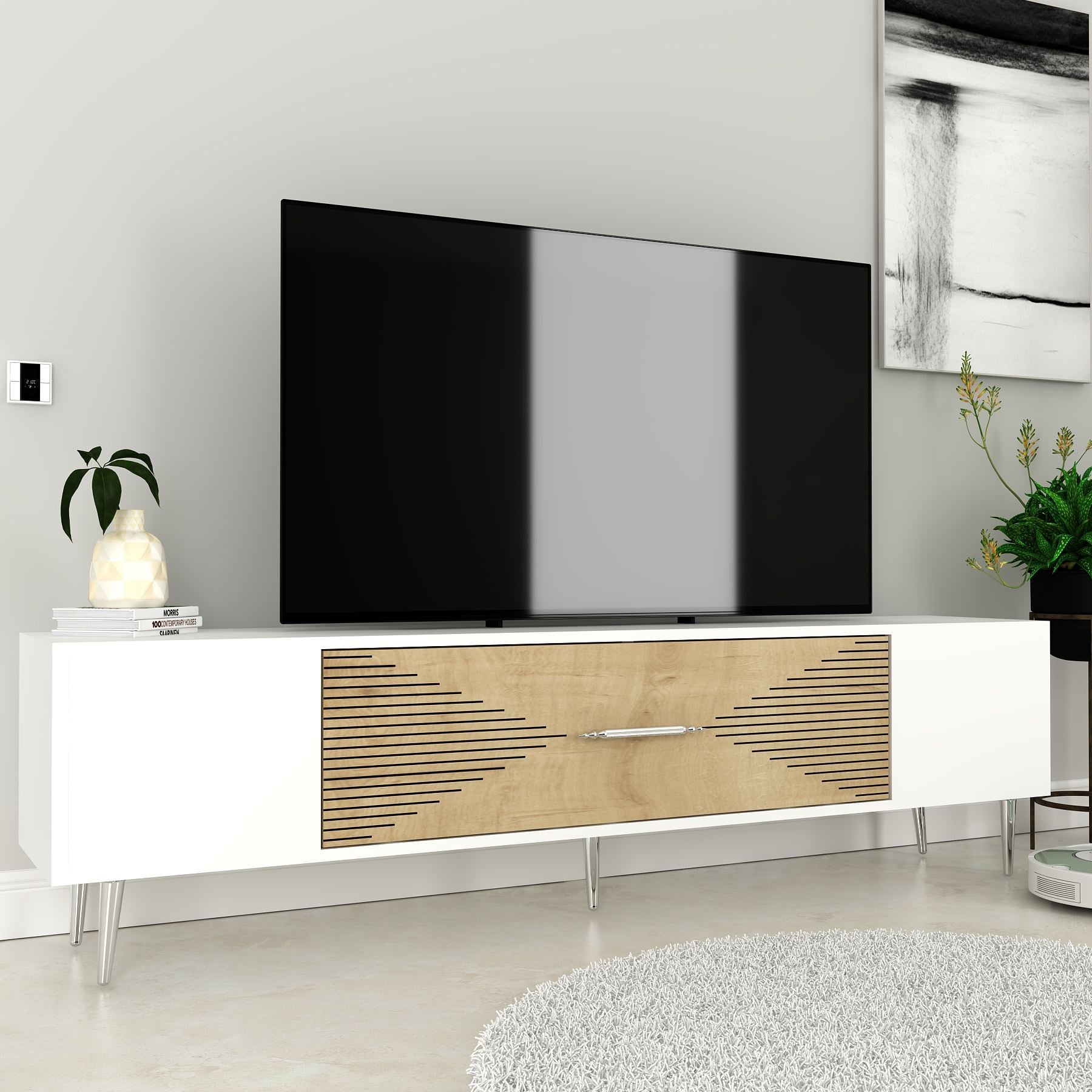Móvel de TV – 150 cm x 48,2 cm x 29,6 cm – Carvalho safira, branco e prata – Painel de partículas revestido a melamina
