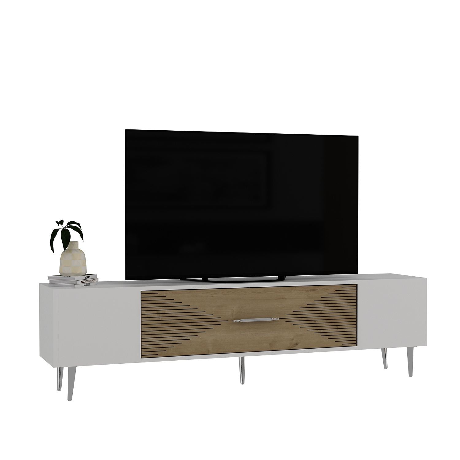 Móvel de TV – 150 cm x 48,2 cm x 29,6 cm – Carvalho safira, branco e prata – Painel de partículas revestido a melamina